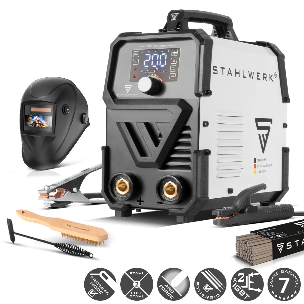 Stahlwerk ARC 200 Synergic Pro Full Equipment electrode welding device, fully syngian MMA | E-hand | Lift-Tig inverter with 200 ampere and IGBT technology