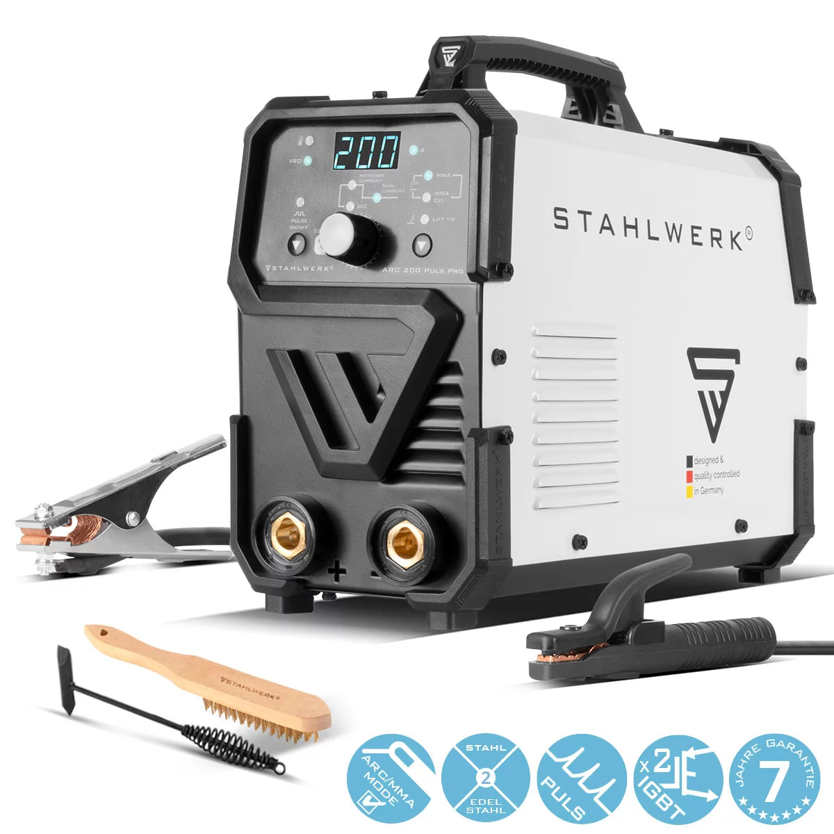 Stahlwerk Arc 200 Puls Pro Electrode Souding Dispositif, compact MMA | E-main | Onduleur de lifting-tig avec 200 ampères, technologie IGBT et fonction d'impulsion