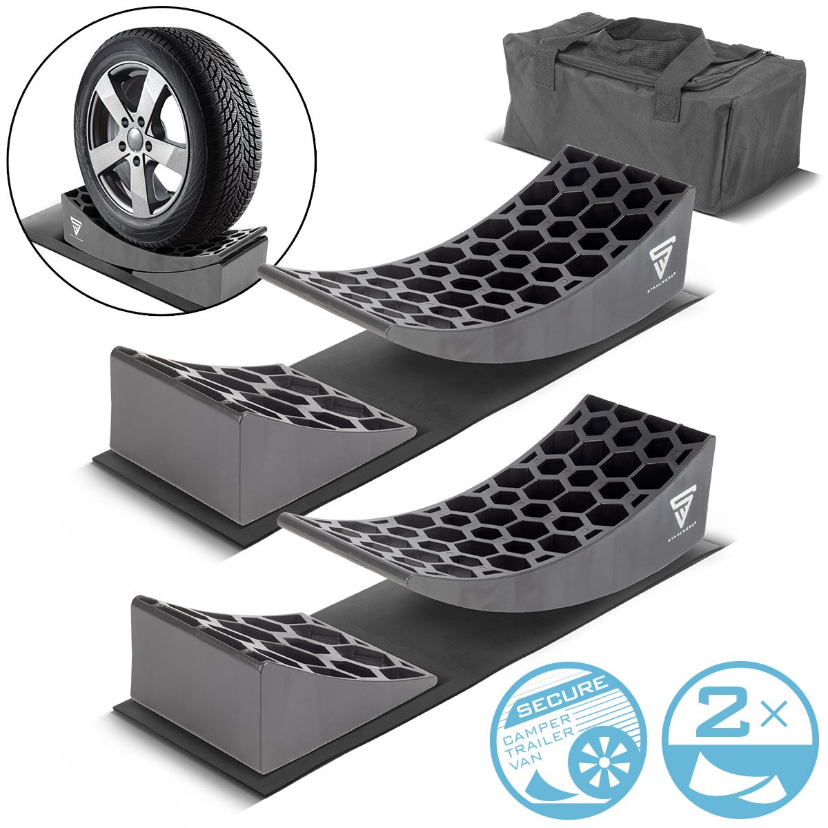 STAHLWERK Auffahrkeile GT-17 ST 2er Set bis 15,8 t Achslast Unterlegkeil | Stufenkeil | Ausgleichskeil | Rundkeil für Reisemobil, Campingmobil, Wohnmobil, Caravan oder Wohnwagen