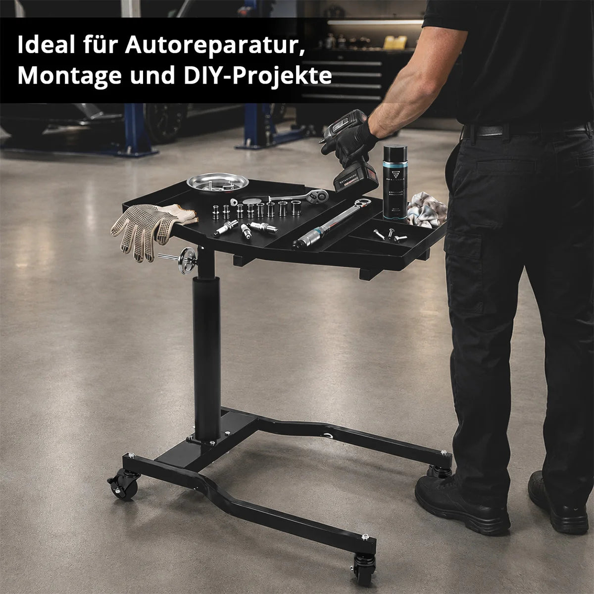 STAHLWERK Auto-Wartungs- und Montagewagen | Höhenverstellbarer Werkstattwagen | 74,5 – 140 cm | 75 kg Traglast | Schwenkbarer Arbeitstisch | Praktische Ablage- und Arbeitsfläche für Werkstatt und Garage
