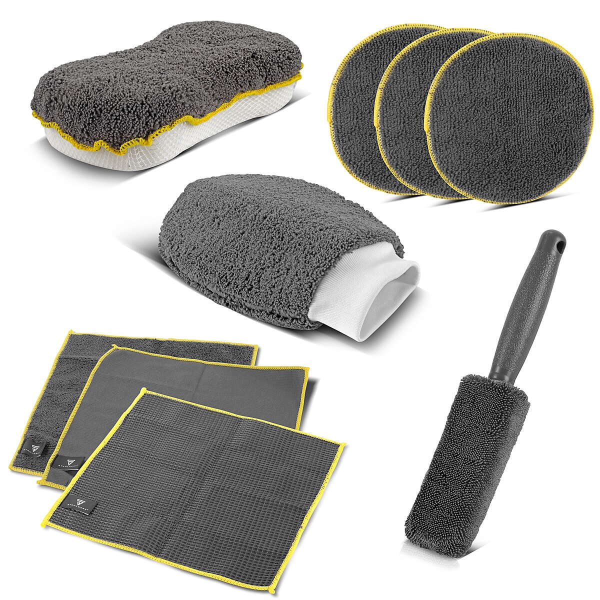 Conjunto de limpieza de autor de Stahlwerk Set de 9 partes. Conjunto de preparación | Conjunto de lavado automático | Detallado Conjunto con tela de microfibra, pincel de borde, guante de lavado, esponja y almohadillas de aplicador