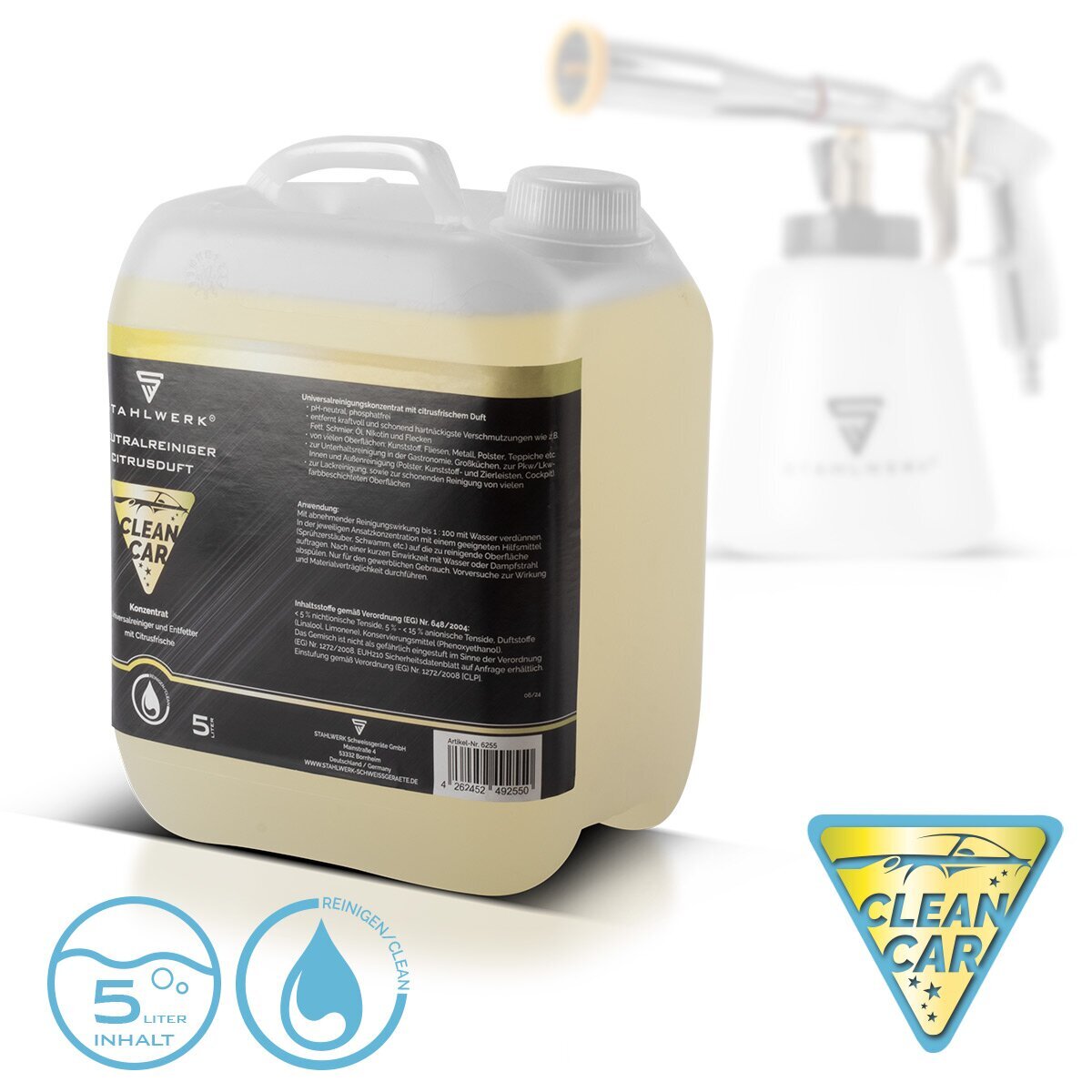 Stahlwerk Autowason Foam Spray Gun Rp-91 St con un recipiente extraíble para agentes de limpieza en el set con limpiador universal de 5 litros, pinceles detallados, paños de microfibra de automóvil