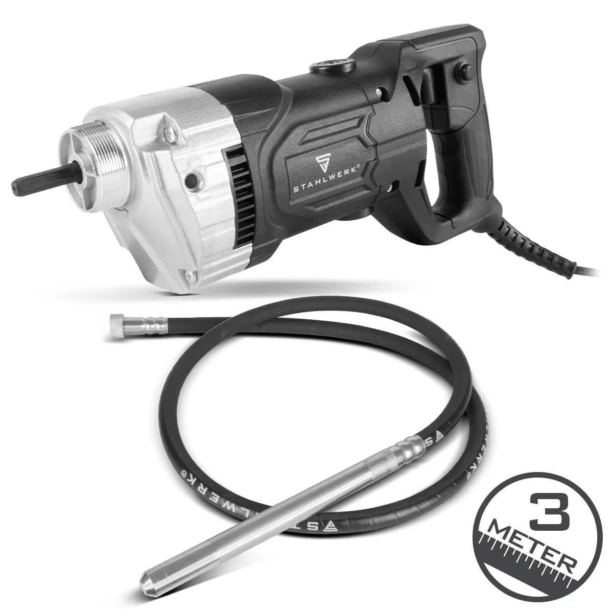 STAHLWERK concrete compactor 900 watts with vibrating bottle 35 mm, 3 m hose length | 4,000 rpm | Internal vibrator for foundations, floor slabs, walls, ceilings | High-performance compactor for concrete construction
