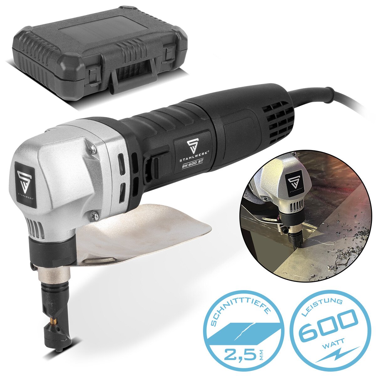 STAHLWERK Blechknabber BK-600 ST mit 600 W und 2.000 U/min bis 2,5 mm Schnitttiefe elektrische Blechschere | Blechschneider | Nibbler | Knabber | Blechschere | Metallknabber | Metallnibbler