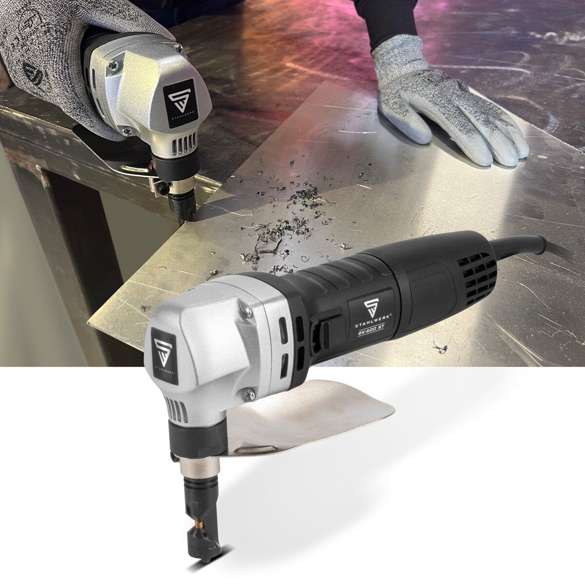 Prime à tôle en acier BK-600 ST avec 600 W et 2 000 tr / min jusqu'à 2,5 mm de profondeur de coupe des ciseaux de tôle électrique | Blechschneider | Nibbler | Knabber | Cisaillements en étain | Primeur en métal | Mât métallique