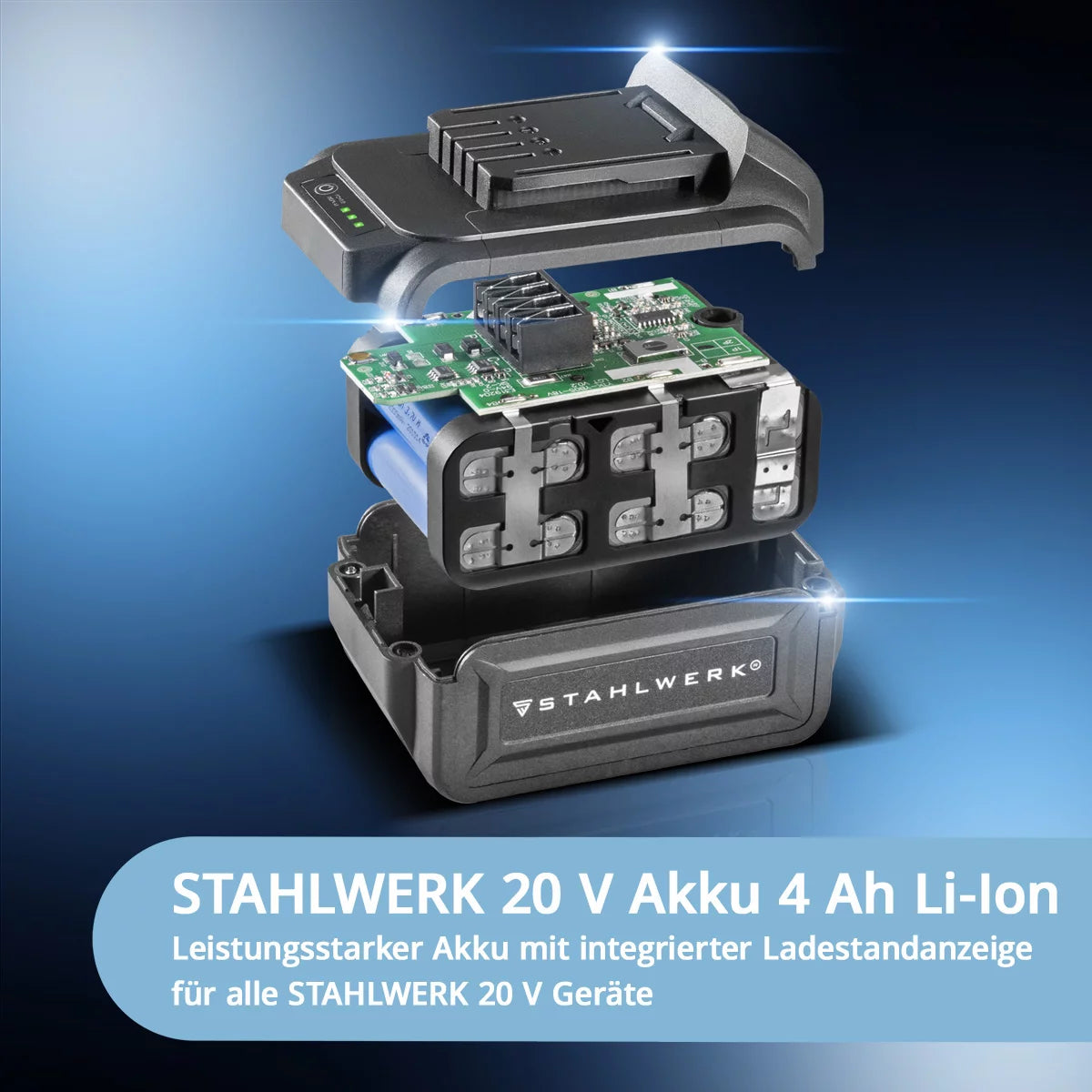 STAHLWERK Brushless Akku Winkelschleifer AWS-20 Bürstenlos 20 V/4Ah Akku System, 0 - 7500 min-1, Scheibengrößen 115 mm & 125 mm, inklusive 1 x 4 Ah Akku und Ladegerät