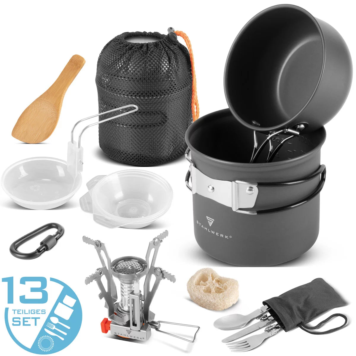 Cocina de cocina Stahlwerk Camping | Arnés de campamento de aluminio conjunto completo con olla, sartén, olla de gas, conchas de plástico y cubiertos | Juego de chef al aire libre de alta calidad