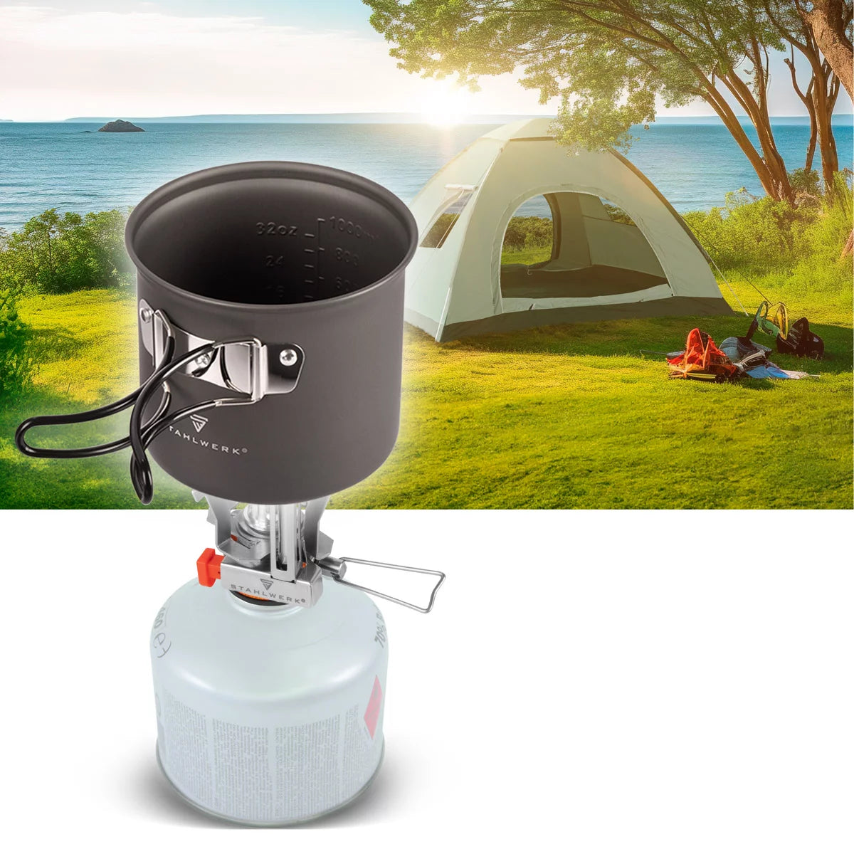 Cocina de cocina Stahlwerk Camping | Arnés de campamento de aluminio conjunto completo con olla, sartén, olla de gas, conchas de plástico y cubiertos | Juego de chef al aire libre de alta calidad