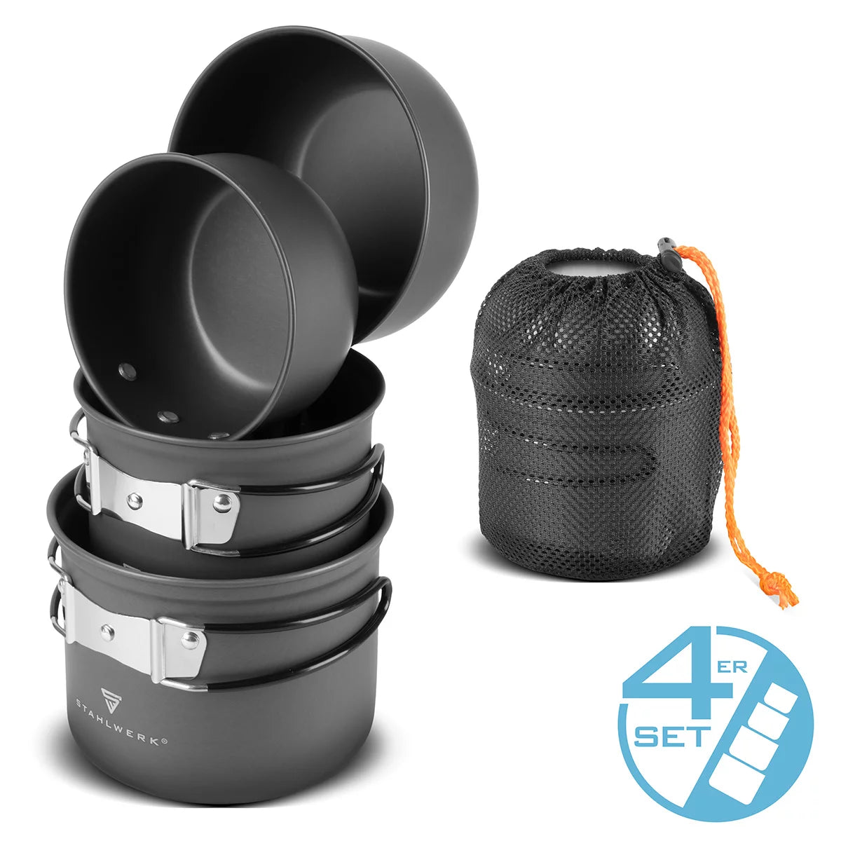 STAHLWERK CAMPING KOT POT SET 4 PIEZAS HODAS DE ALUMINIO | Utensilios de cocina al aire libre con recubrimiento no estancado | Cocina para acampar con ollas y tapas | Juego de marihuana al aire libre | Platos de campamento