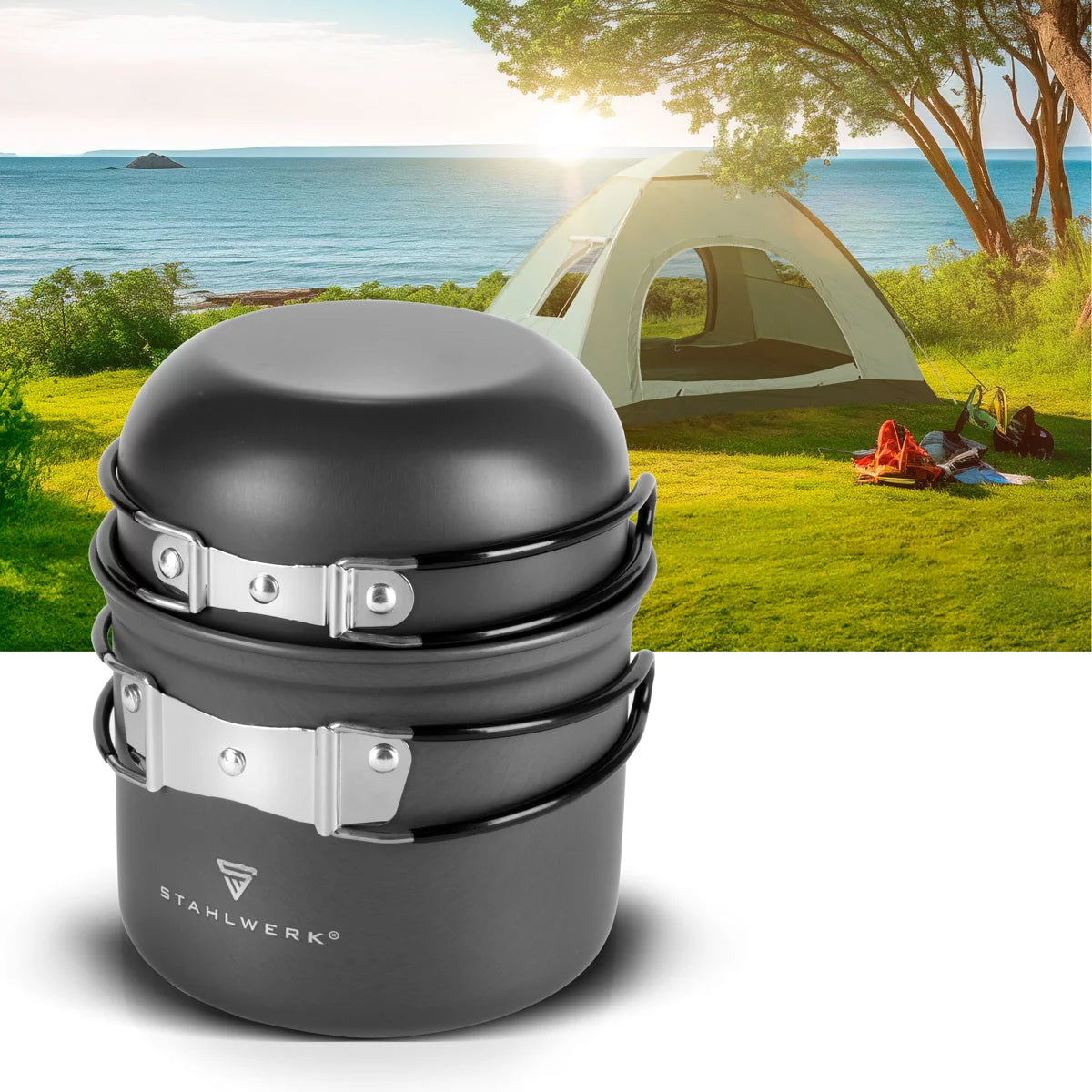STAHLWERK CAMPING KOT POT SET 4 PIEZAS HODAS DE ALUMINIO | Utensilios de cocina al aire libre con recubrimiento no estancado | Cocina para acampar con ollas y tapas | Juego de marihuana al aire libre | Platos de campamento