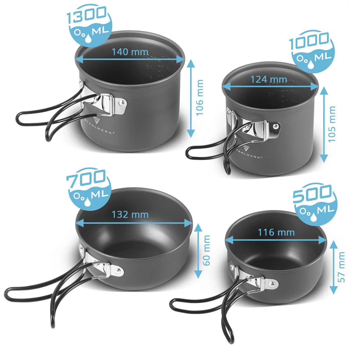 STAHLWERK CAMPING KOT POT SET 4 PIEZAS HODAS DE ALUMINIO | Utensilios de cocina al aire libre con recubrimiento no estancado | Cocina para acampar con ollas y tapas | Juego de marihuana al aire libre | Platos de campamento