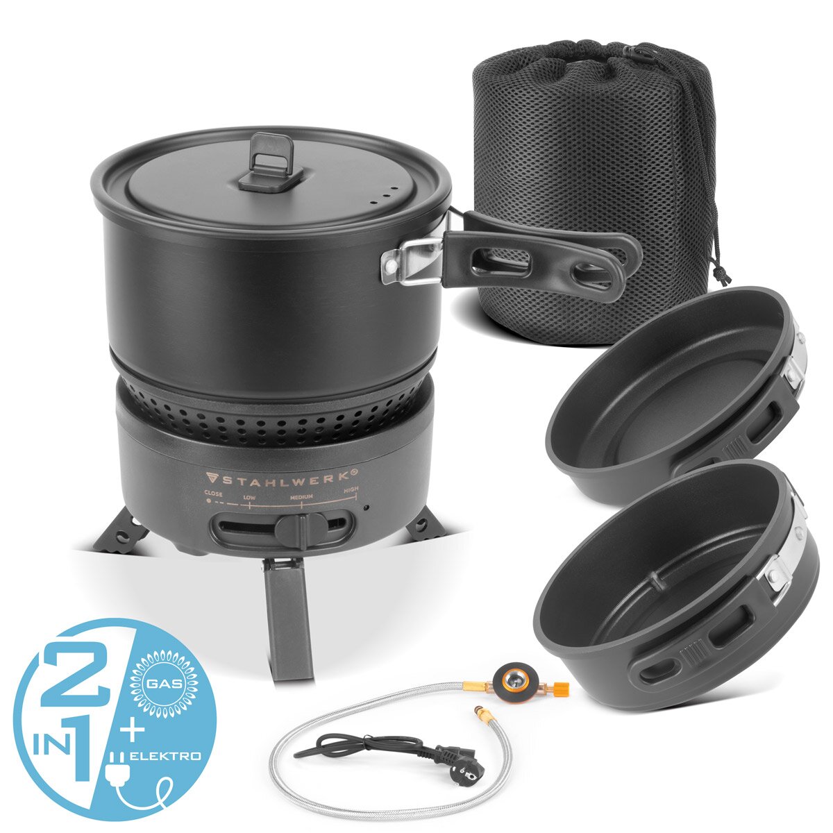 Stahlwerk Camping-Kocher CK-700 ST 2-IN1 Cuiseur électrique et à gaz | Cuisinière extérieure | Plats de camping | Kartuschen Cooker | Camping Chef Set avec pot et casserole