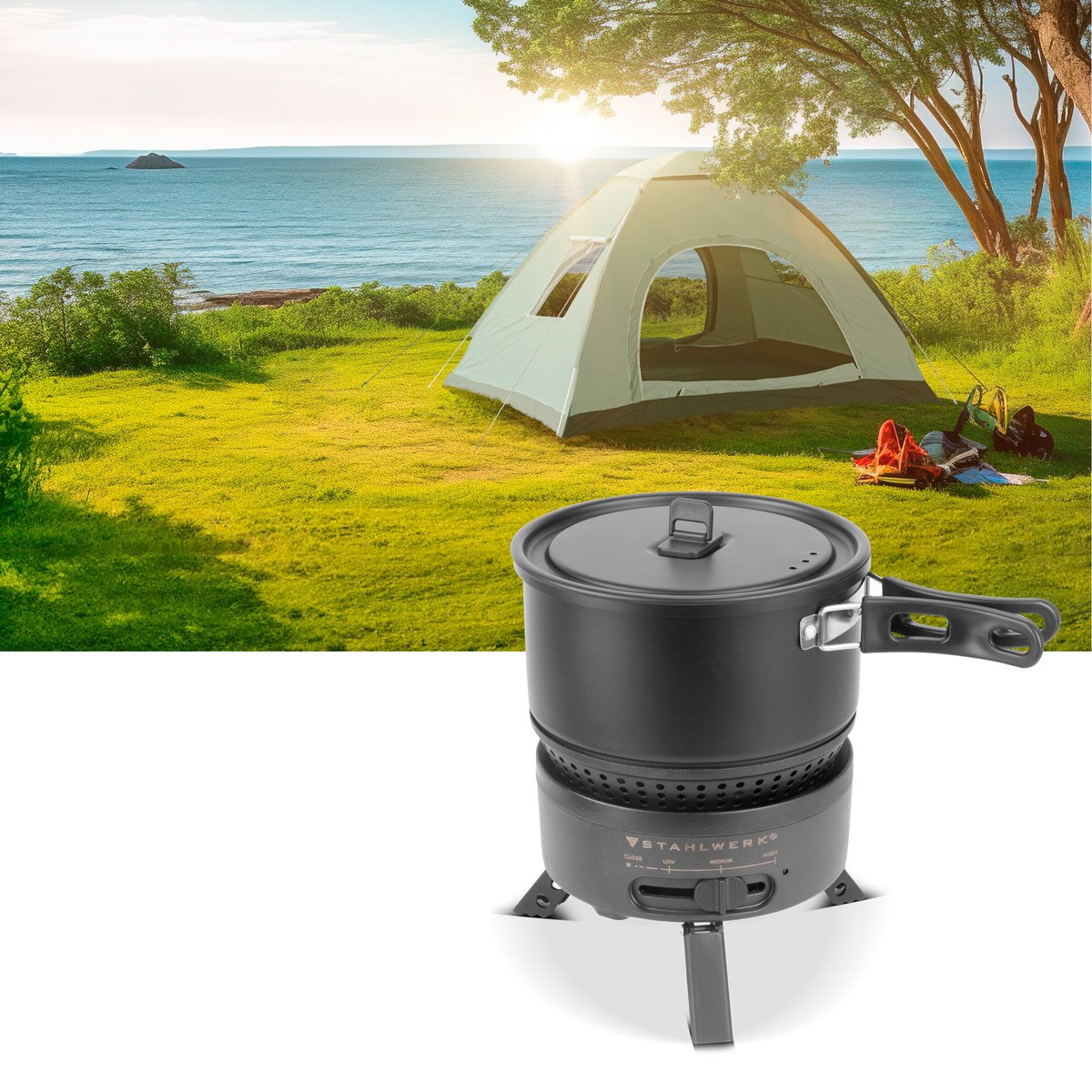 Stahlwerk Camping-Kocher CK-700 ST 2-IN1 Cuiseur électrique et à gaz | Cuisinière extérieure | Plats de camping | Kartuschen Cooker | Camping Chef Set avec pot et casserole