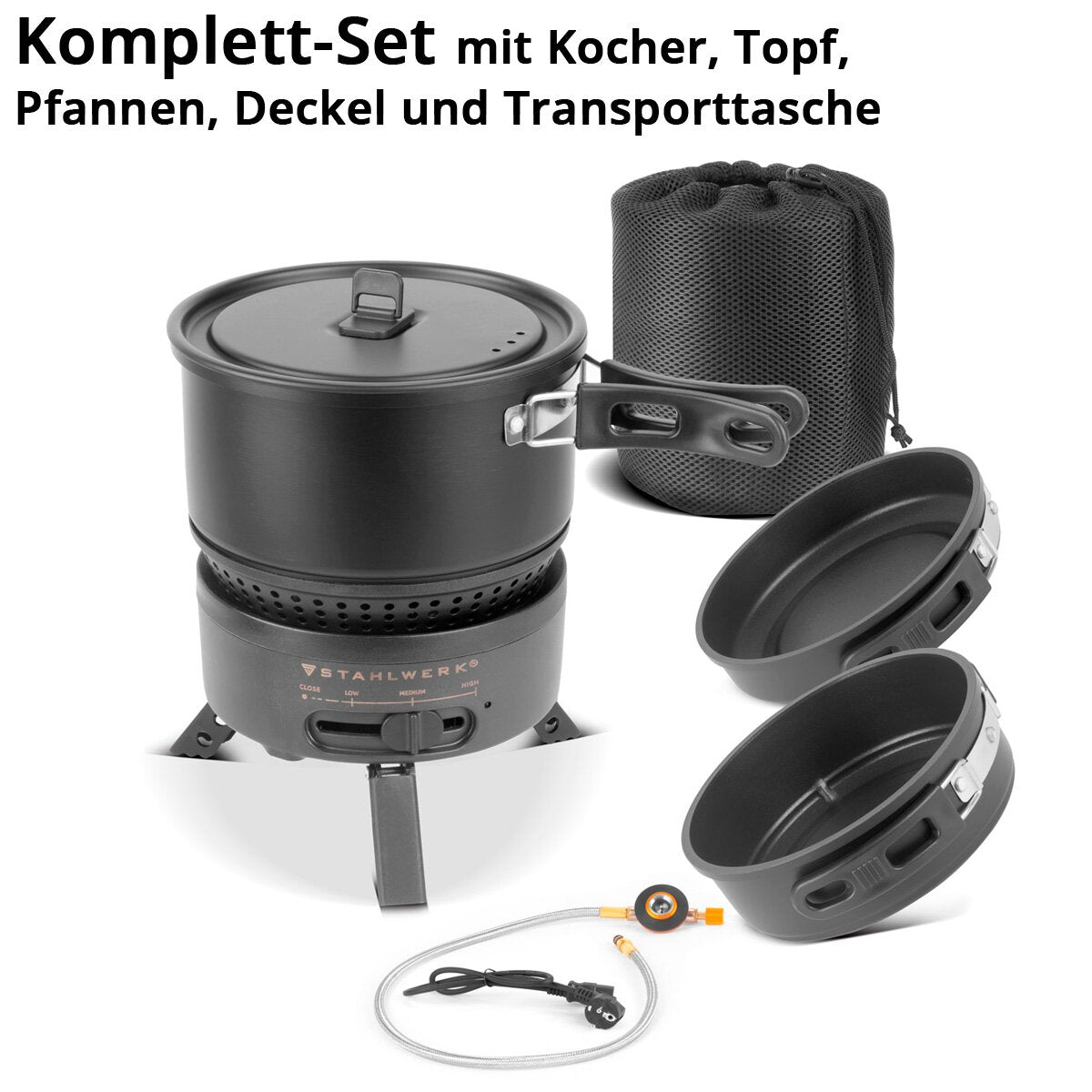 Stahlwerk Camping-Kocher CK-700 ST 2-IN1 Cuiseur électrique et à gaz | Cuisinière extérieure | Plats de camping | Kartuschen Cooker | Camping Chef Set avec pot et casserole