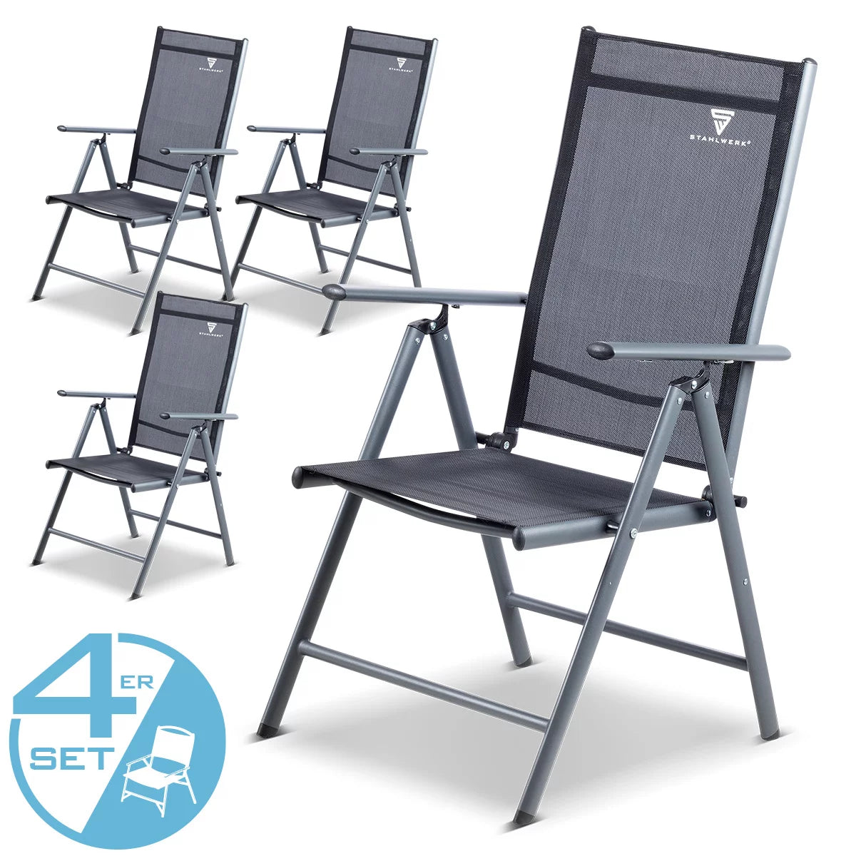 Chaise de camping Stahlwerk CS-103 St 4 Set Garden Chair | Chaise pliante | Fauteuil pliant | Chaise d'aluminium | Hochlehner | Meubles en terrasse | Chaise à pêche à la ligne | Chaise de balcon avec accoudoir et dossier réglable