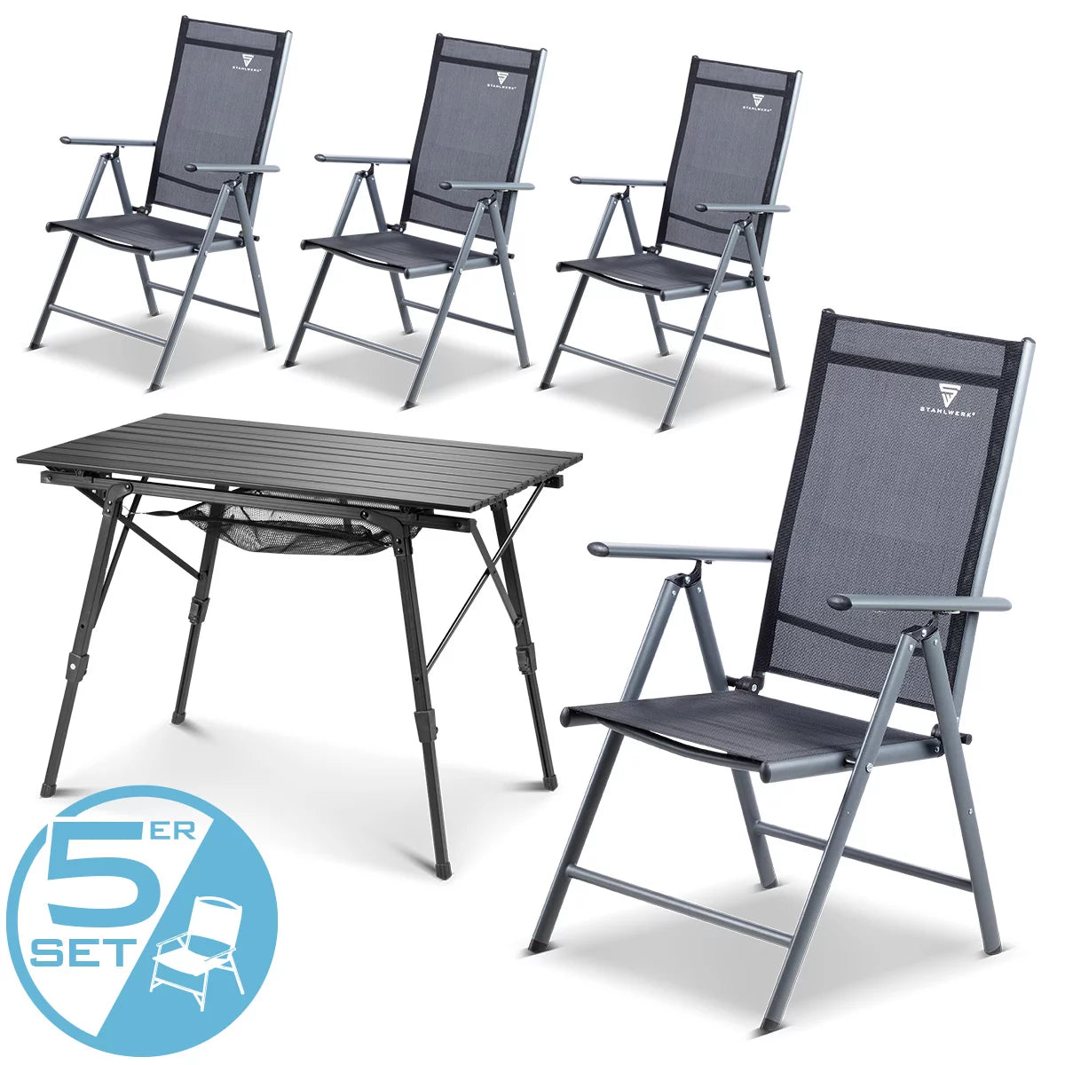 STAHLWERK Campingstuhl CS-103 ST 4er Set mit Campingtisch CT-30 ST Tischgarnitur | Campingmöbel | Gartenstuhl | Klappstuhl | Klappsessel | Aluminiumstuhl | Hochlehner | Terrassenmöbel