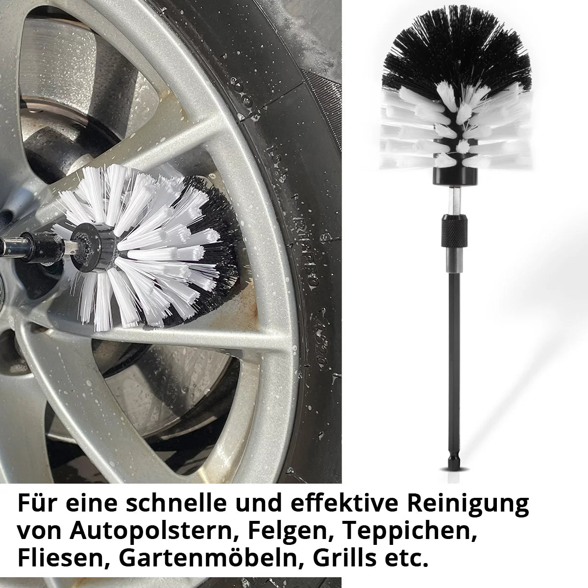 STAHLWERK Bürsten-Aufsatz 5er Set für Akkuschrauber und Bohrmaschinen, Reinigungs-, Polier- und Detailing-Bürsten mit Standard-Bit-Aufnahme inklusive Verlängerungs-Adapter