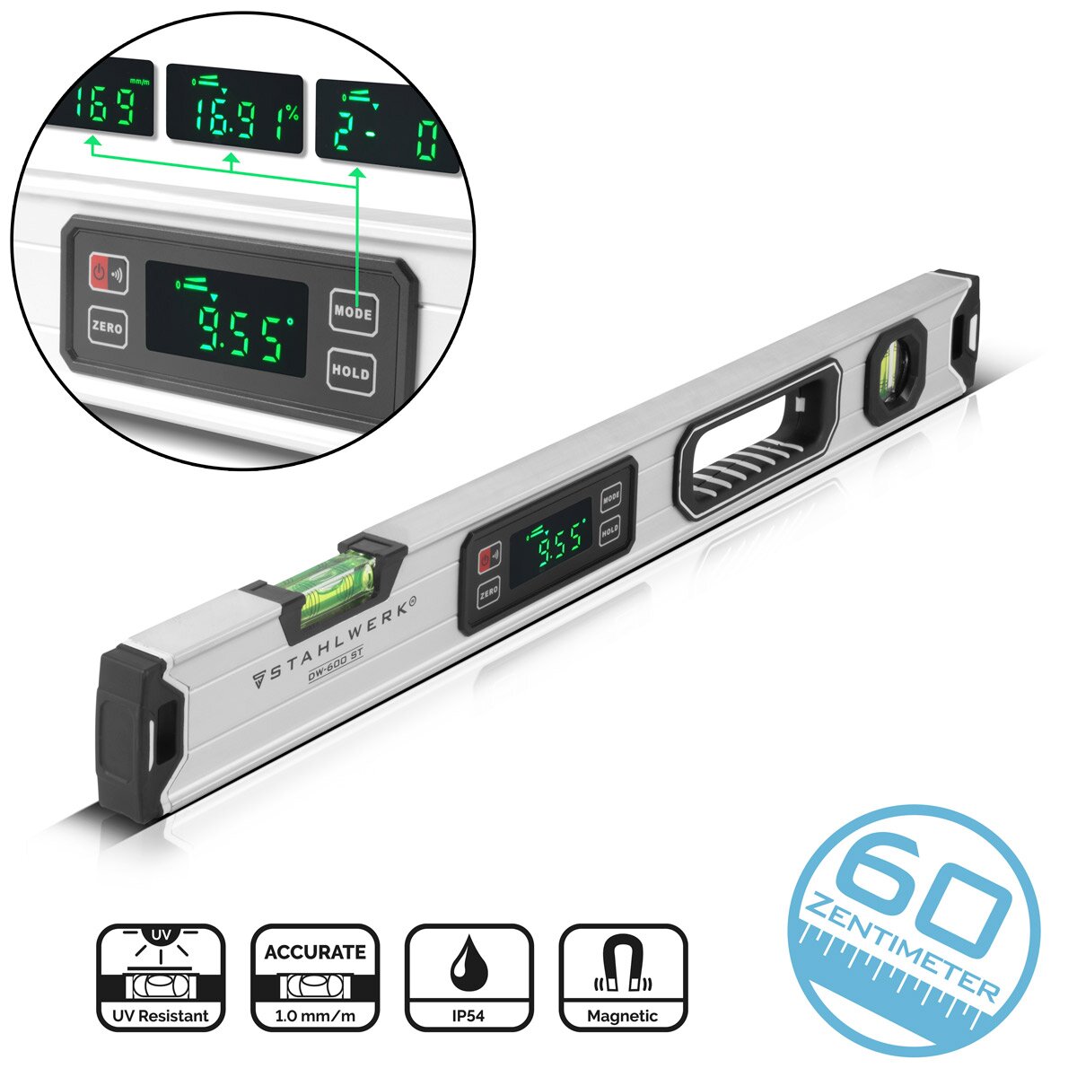 STAHLWERK Digitale Wasserwaage DW-600 ST aus Aluminium mit 600 mm Länge magnetische Richtwaage | Magnet-Wasserwaage | Aluminium-Wasserwaage | Digital-Wasserwaage | Winkelmesser