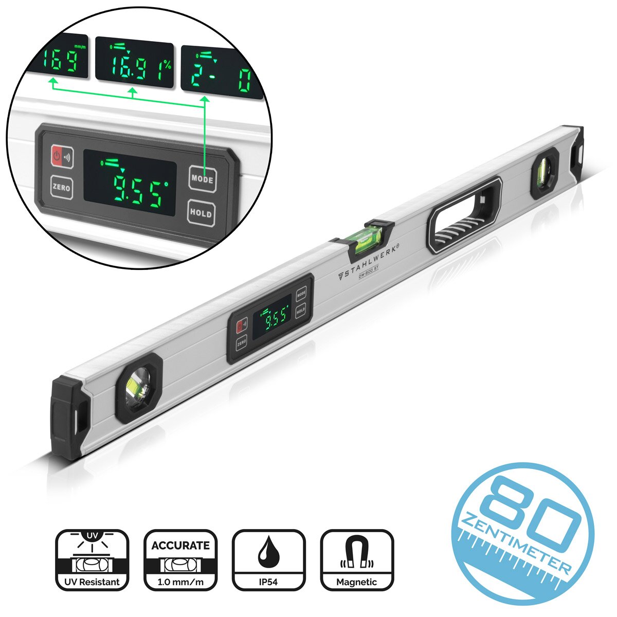 STAHLWERK Digitale Wasserwaage DW-800 ST aus Aluminium mit 800 mm Länge magnetische Richtwaage | Magnet-Wasserwaage | Aluminium-Wasserwaage | Digital-Wasserwaage | Winkelmesser