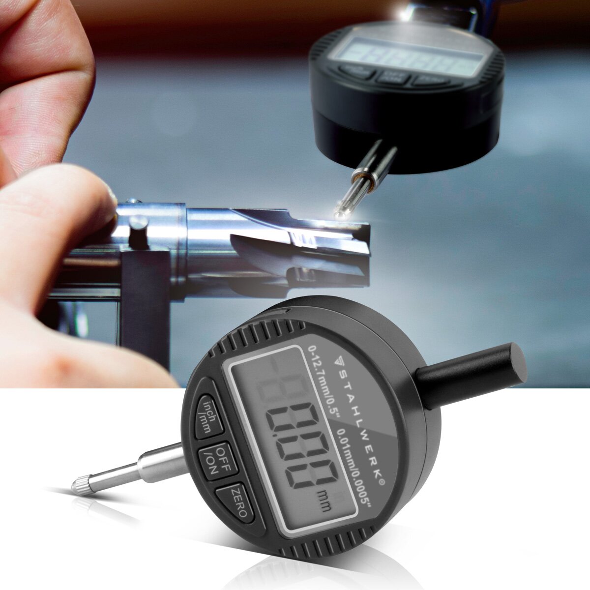Steelworks Digital dial with 0-12.7 mm (0.5 ") measuring range, measuring button for precision measurements in millimeters and customs