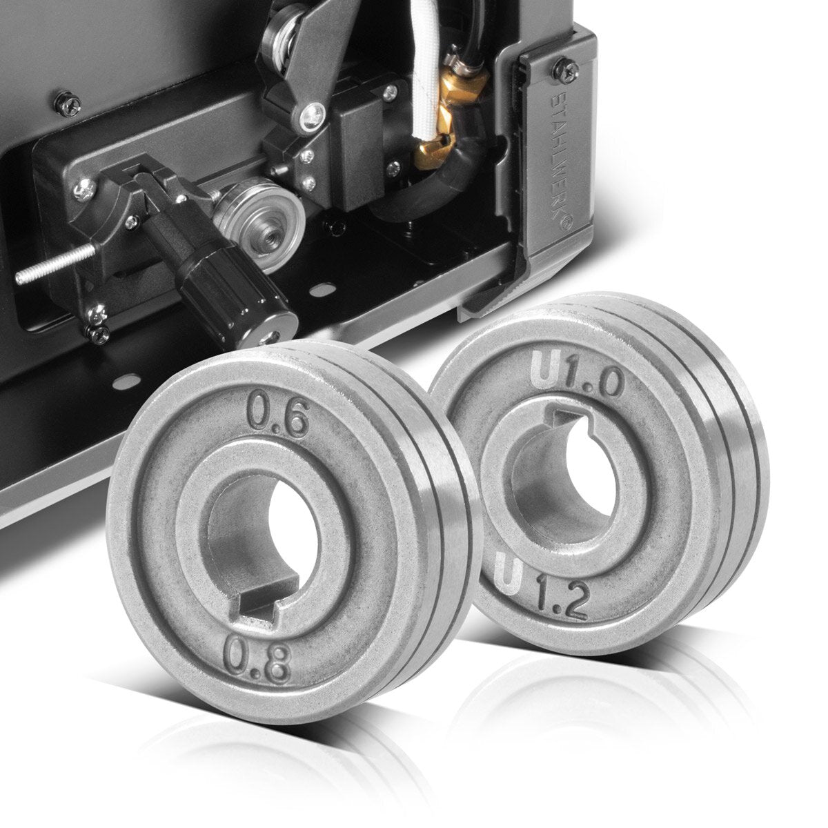 STAHLWERK 2er Set Drahtführungsrolle / Drahtvorschubrolle mit 0,6 / 0,8 mm V-Profil und 1,0 / 1,2 mm U-Profil zum Schweißen von Aluminium, Fülldraht und Massivdraht mit MIG MAG Schweißgeräten