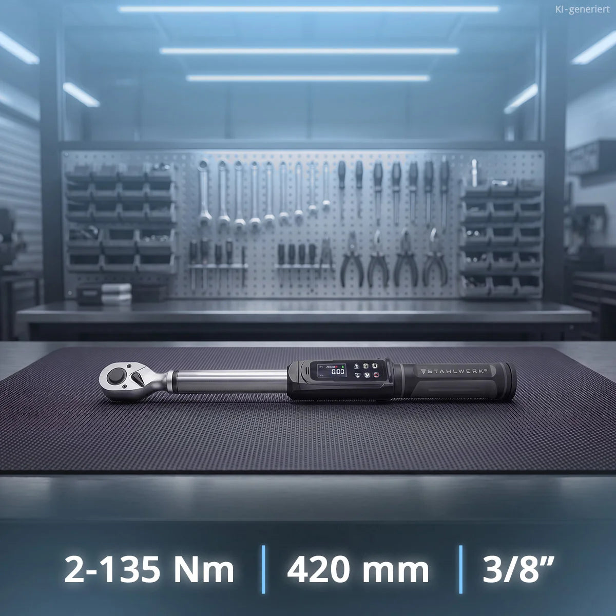 STAHLWERK Digitaler Drehmomentschlüssel 2-135 Nm 3/8"-Aufnahme | 72 Zähne | 420 mm | mit Eichzertifikat |Umschaltknarre | Ratschenschlüssel | Ratsche | LED-Anzeige und Transportbox