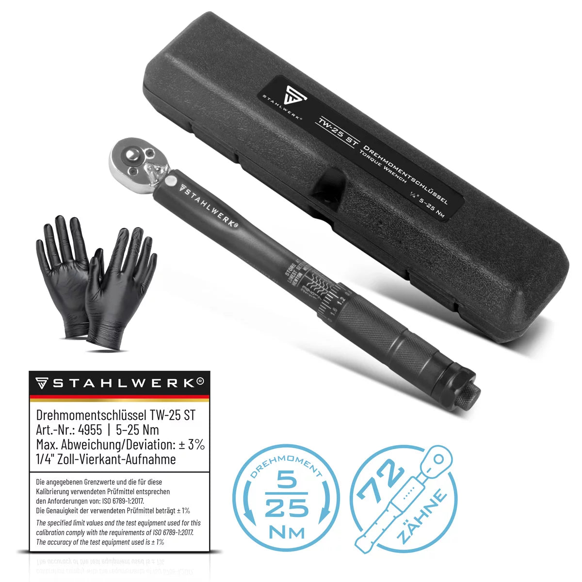 STAHLWERK Drehmomentschlüssel TW-25 ST 5-25 Nm 1/4“ Zoll Umschaltknarre | Ratschenschlüssel | Ratsche | Knarre mit Mikrometerskala