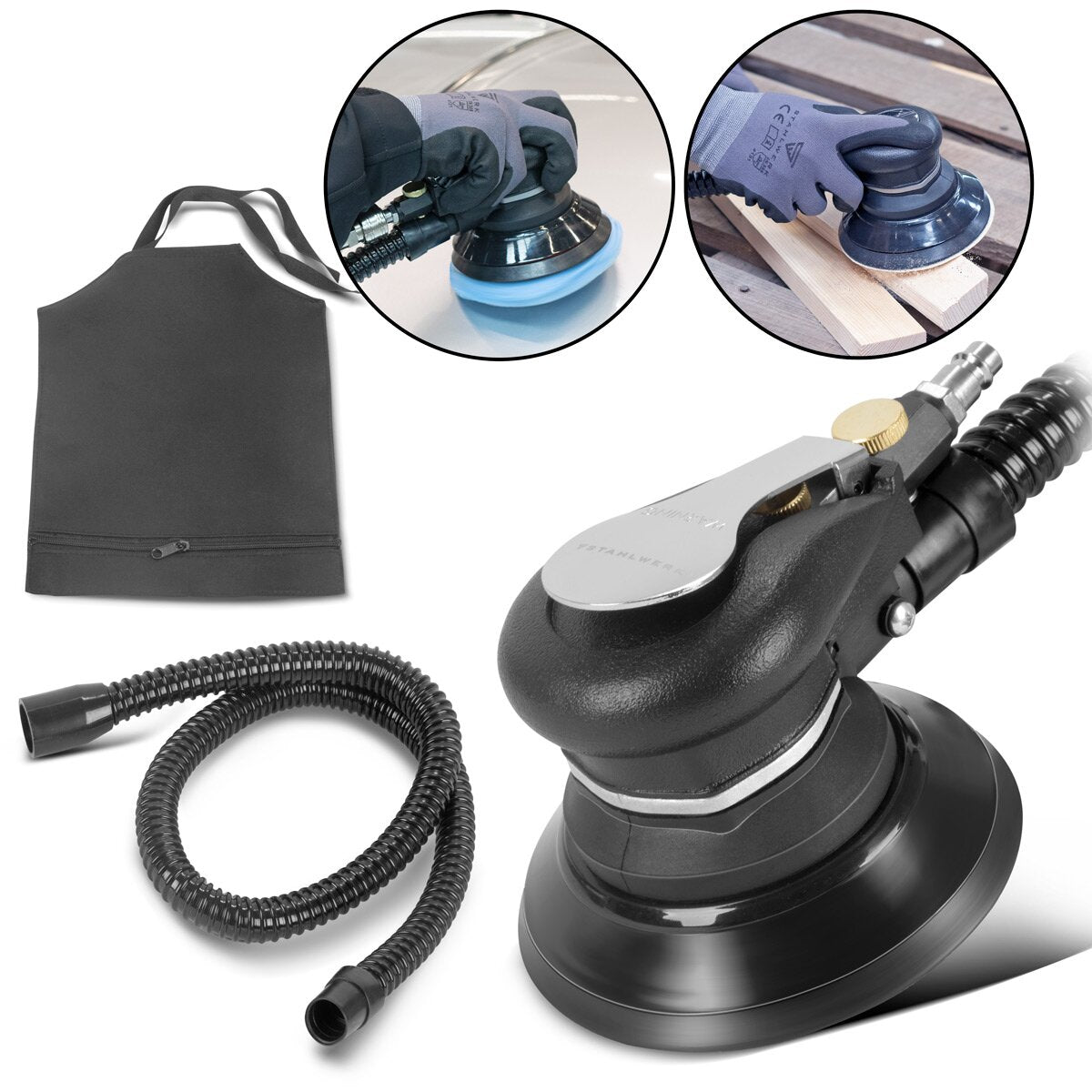Steelworks compressed air eccentric grinder of the-125 st | Compressed air grinders with 125 mm grinding plate | Polishing machine for polishing and grinding metal, plastic and wood including suction system and dust bag