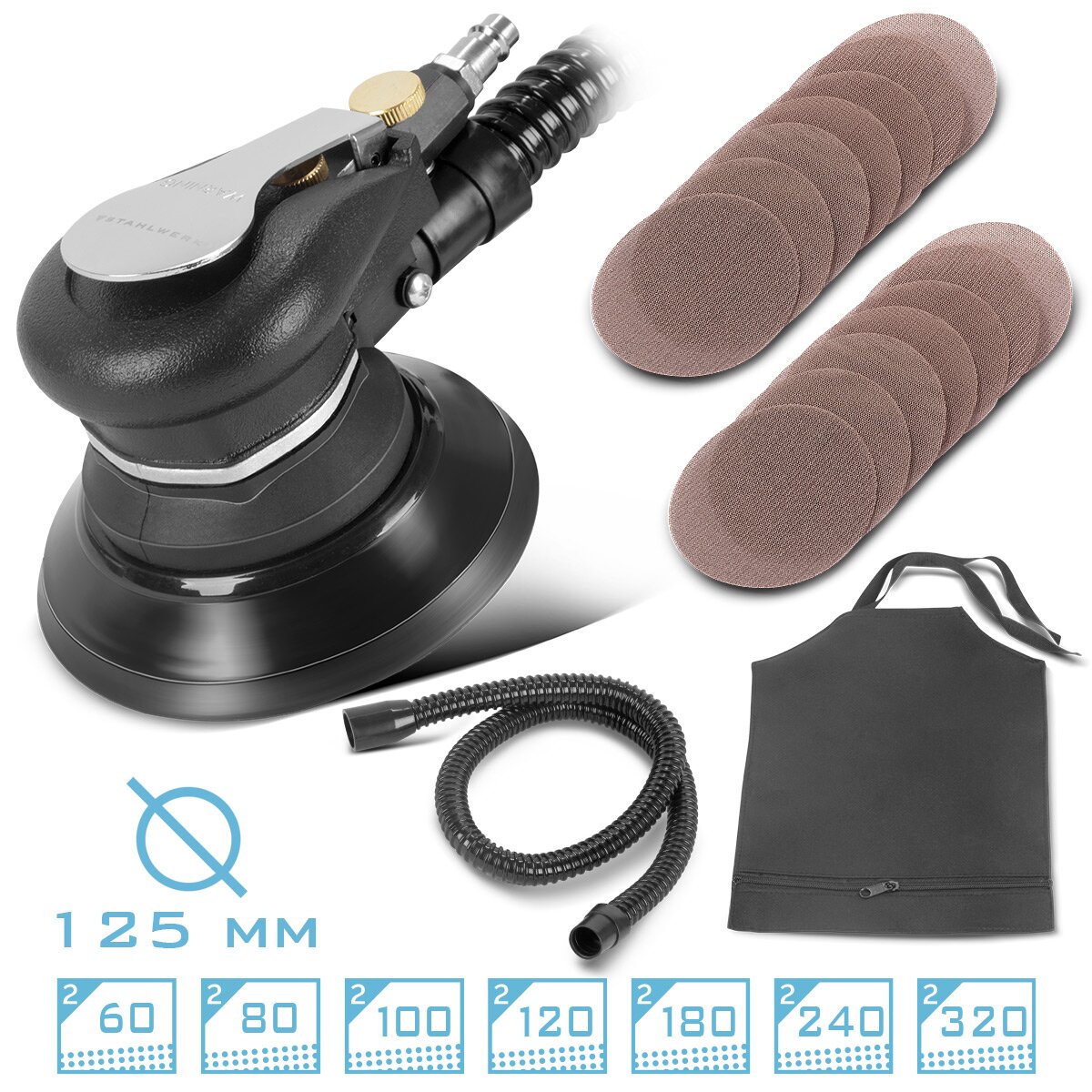 Steelworks compressed air eccentric grinder of the-125 ST with 14 set gridet grain grinding panes P60-P320 compressed air loop with 125 mm grinding plate | Polishing machine with suction system and dust bag