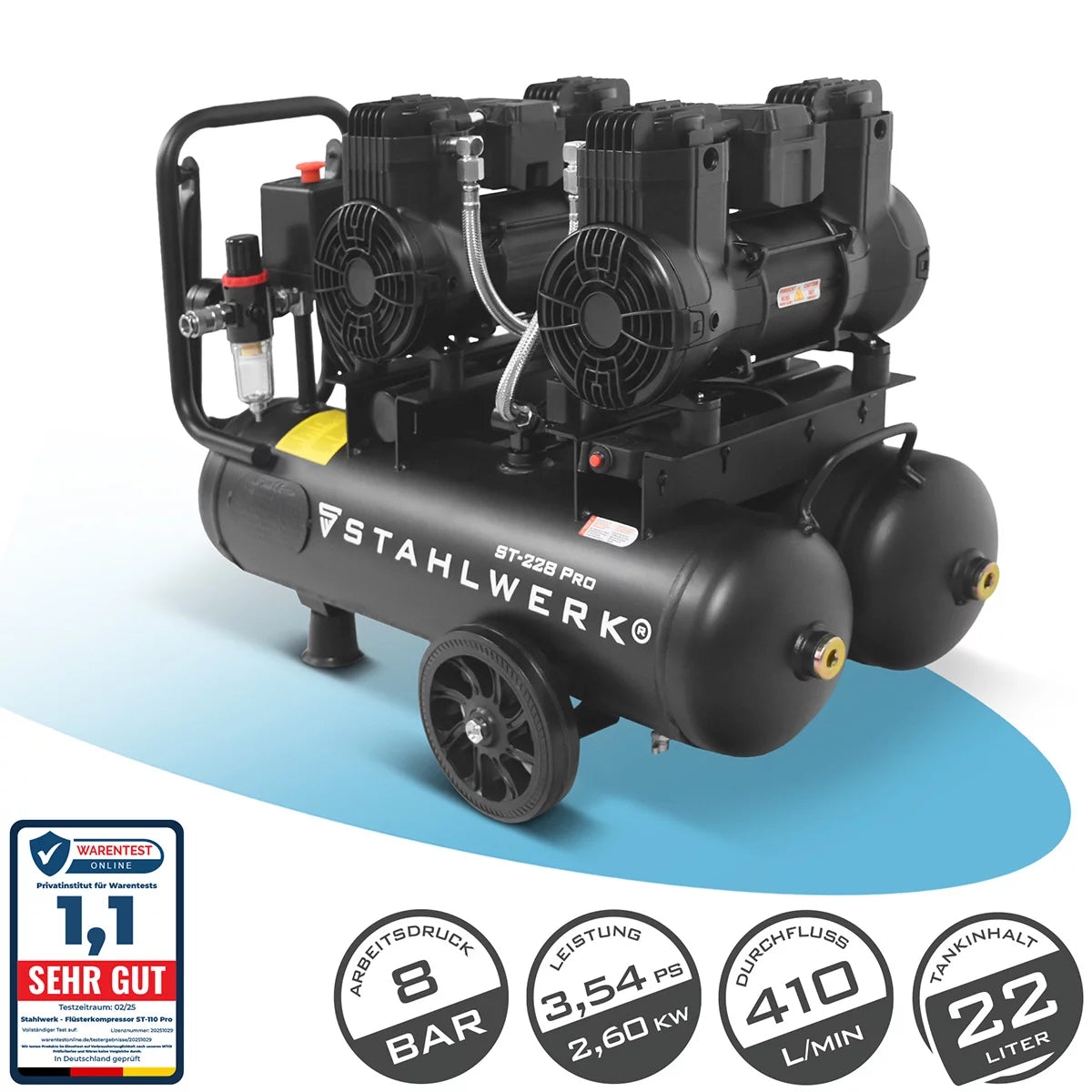 Compresor STAHLWERK ST-228 Pro con 8 bar | 3,54 CV | 2,6 kW | 410 l/min | Compresor de aire comprimido sin aceite con depósito de 22 L | Compresor de pistón | Compresor silencioso | Compresor Whisper con motores sin escobillas.