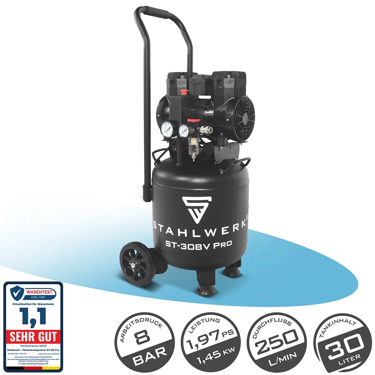 STAHLWERK Kompressor ST-308V Pro mit 8 bar | 1,97 PS | 1,45 kW | 250 l/min | 30 L Tank | Kompakter Druckluft-Kompressor | Kolben-Kompressor | Silent-Kompressor | Flüster-Kompressor mit Brushless-Motor
