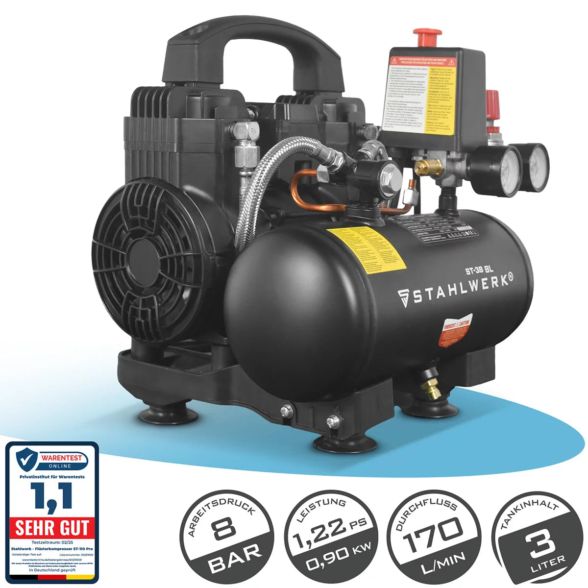 Compresor STAHLWERK ST-38 BL con 8 bar | 1,22 CV | 0,90 kW | 170 l/min | Compresor de aire comprimido sin aceite con depósito de 3 L | Compresor de pistón | Compresor silencioso | Compresor Whisper con motores sin escobillas.