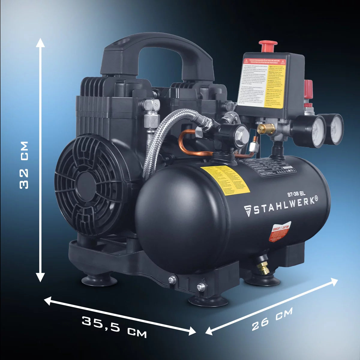 STAHLWERK Kompressor ST-38 BL mit 8 bar | 1,22 PS | 0,90 kW | 170 l/min | 3 L Tank ölfreier Druckluft-Kompressor | Kolben-Kompressor | Silent-Kompressor | Flüster-Kompressor mit Brushless-Motoren