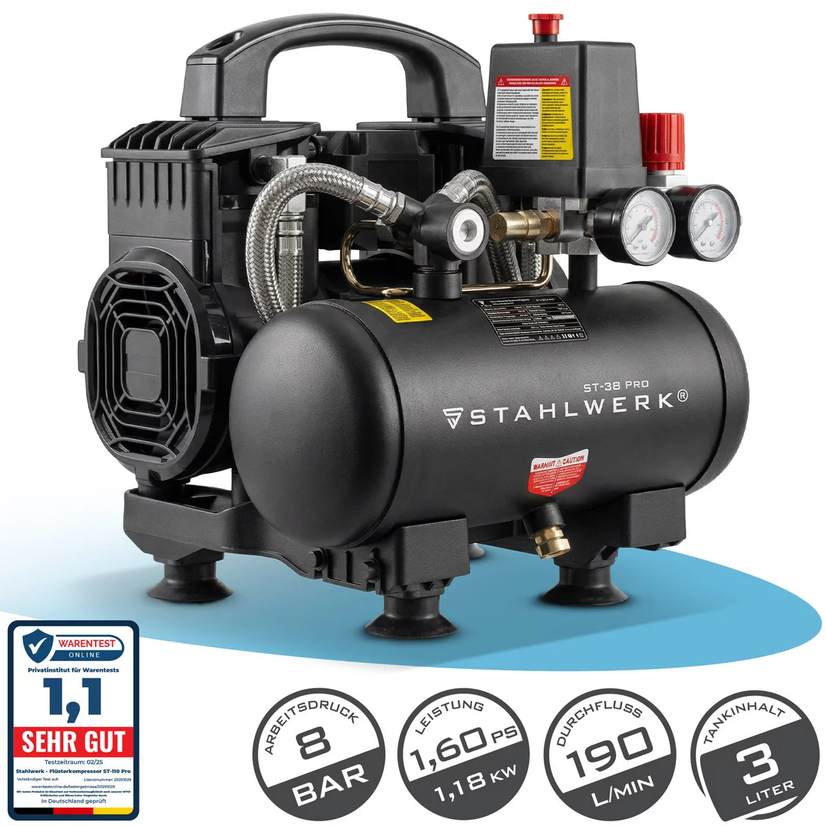 Compresor STAHLWERK ST-38 Pro con 8 bar | 1,60 CV | 1,18 kW | 190 l/min | Compresor de aire comprimido sin aceite con depósito de 3 L | Compresor de pistón | Compresor silencioso | Compresor Whisper con motores sin escobillas.