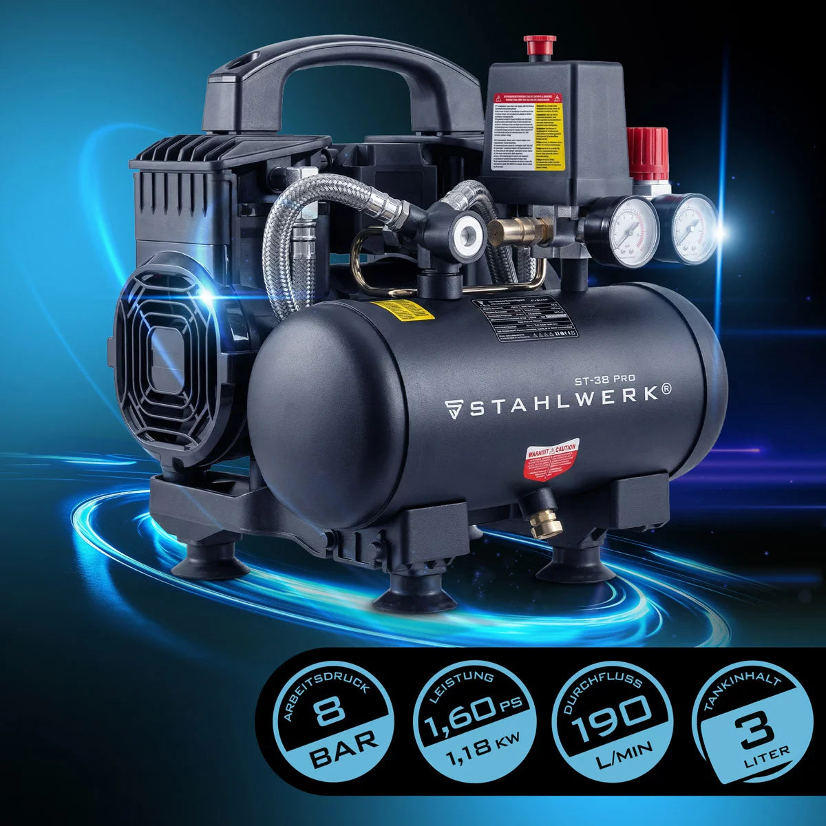 Compresor STAHLWERK ST-38 Pro con 8 bar | 1,60 CV | 1,18 kW | 190 l/min | Compresor de aire comprimido sin aceite con depósito de 3 L | Compresor de pistón | Compresor silencioso | Compresor Whisper con motores sin escobillas.