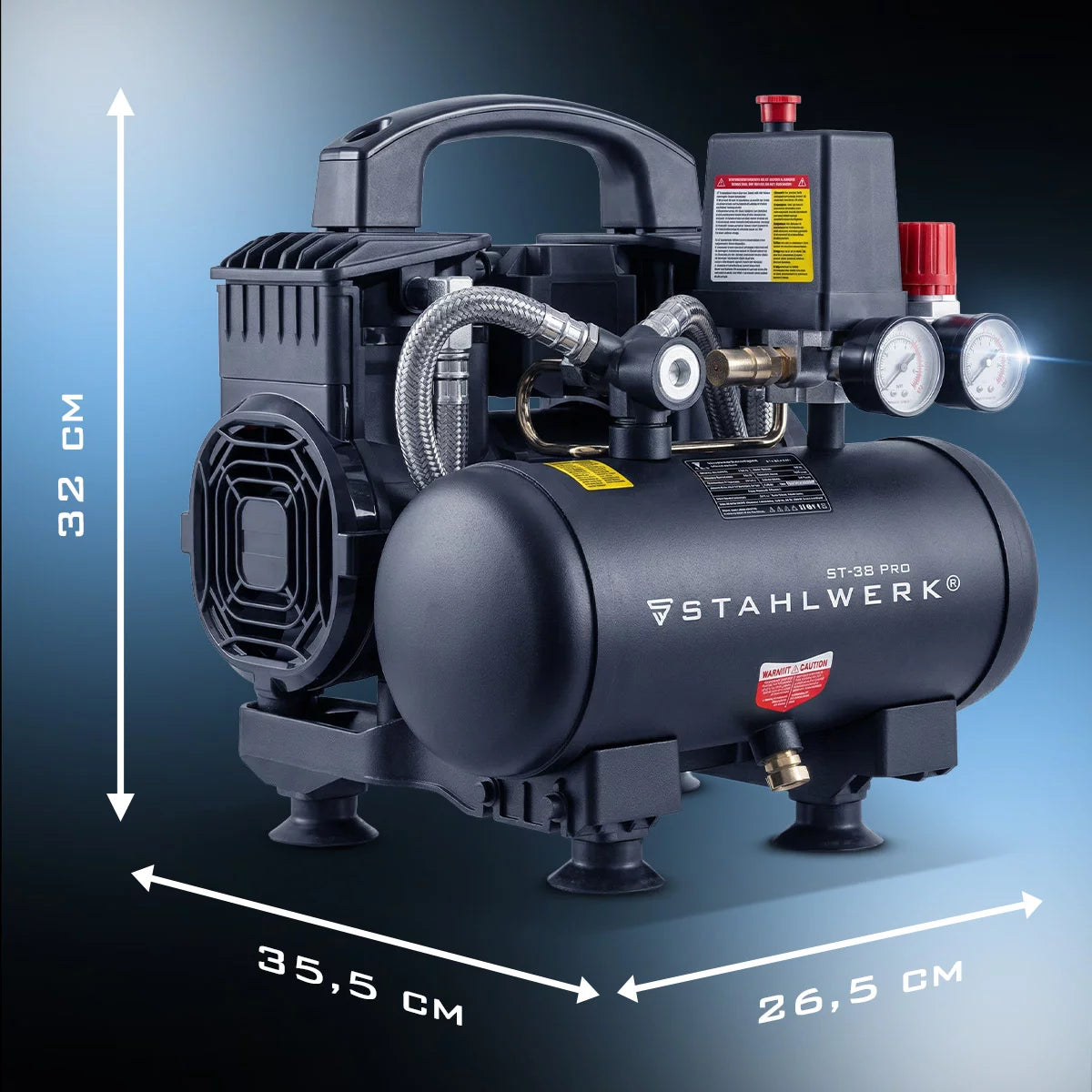 STAHLWERK Kompressor ST-38 Pro mit 8 bar | 1,60 PS | 1,18 kW | 190 l/min | 3 L Tank ölfreier Druckluft-Kompressor | Kolben-Kompressor | Silent-Kompressor | Flüster-Kompressor mit Brushless-Motoren