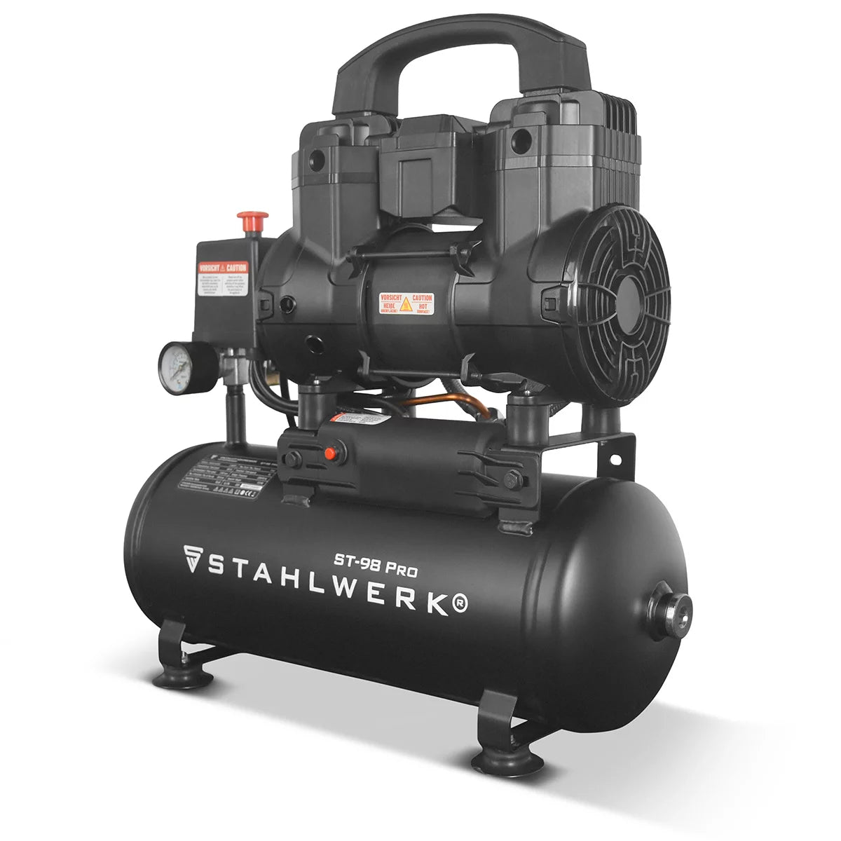 Compressore STAHLWERK ST-98 Pro con 8 bar | 1,22 cv | 0,90kW| 170 l/min | Compressore d'aria compressa senza olio con serbatoio da 9 litri | Compressore a pistone | Compressore silenzioso | Compressore Whisper con motori brushless