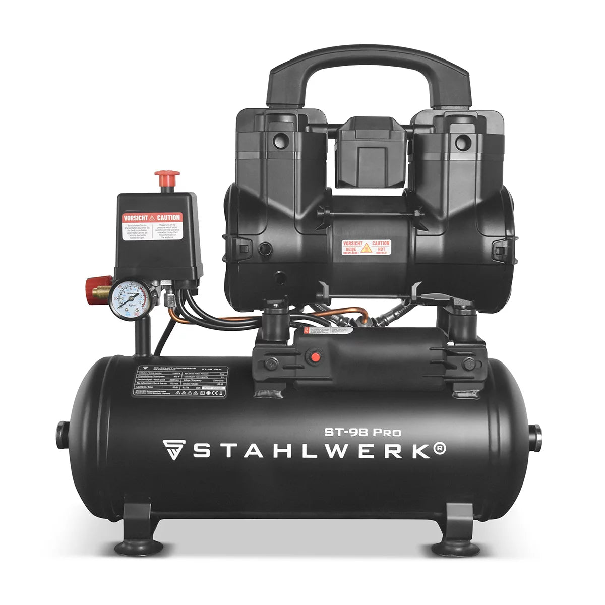 Compressore STAHLWERK ST-98 Pro con 8 bar | 1,22 cv | 0,90kW| 170 l/min | Compressore d'aria compressa senza olio con serbatoio da 9 litri | Compressore a pistone | Compressore silenzioso | Compressore Whisper con motori brushless