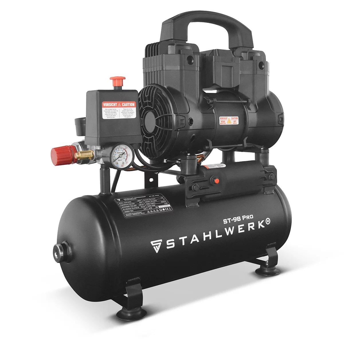 Compressore STAHLWERK ST-98 Pro con 8 bar | 1,22 cv | 0,90kW| 170 l/min | Compressore d'aria compressa senza olio con serbatoio da 9 litri | Compressore a pistone | Compressore silenzioso | Compressore Whisper con motori brushless