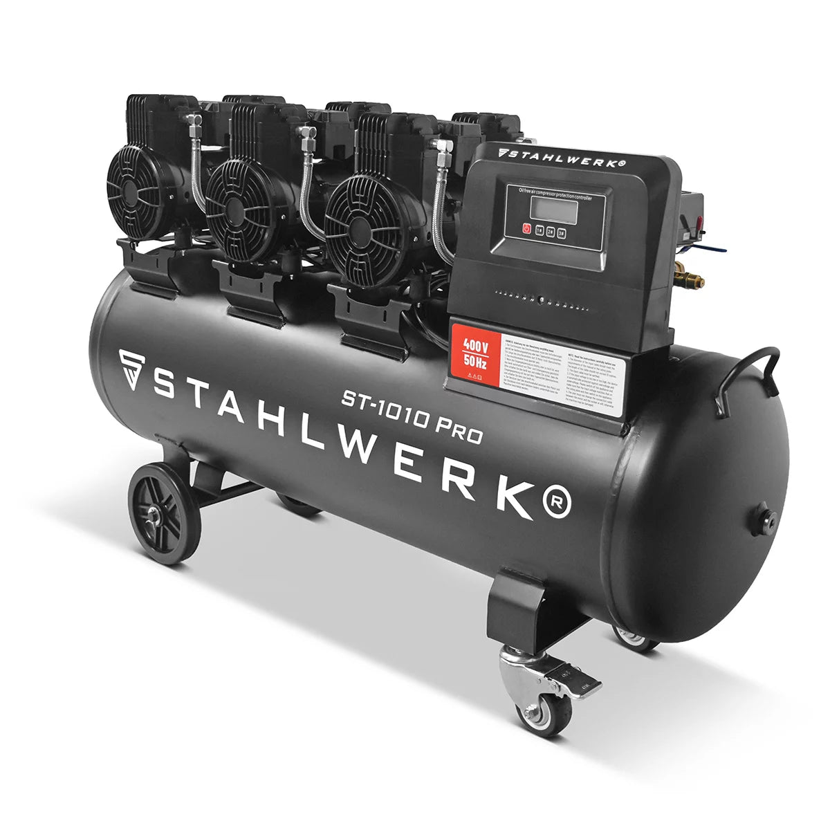 STAHLWERK Kompressor ST-1010 Pro mit 10 bar | 5,91 PS | 4,35 kW | 750 l/min | 120 L Tank ölfreier Druckluft-Kompressor | Kolben-Kompressor | Silent-Kompressor | Flüster-Kompressor mit Brushless-Motoren