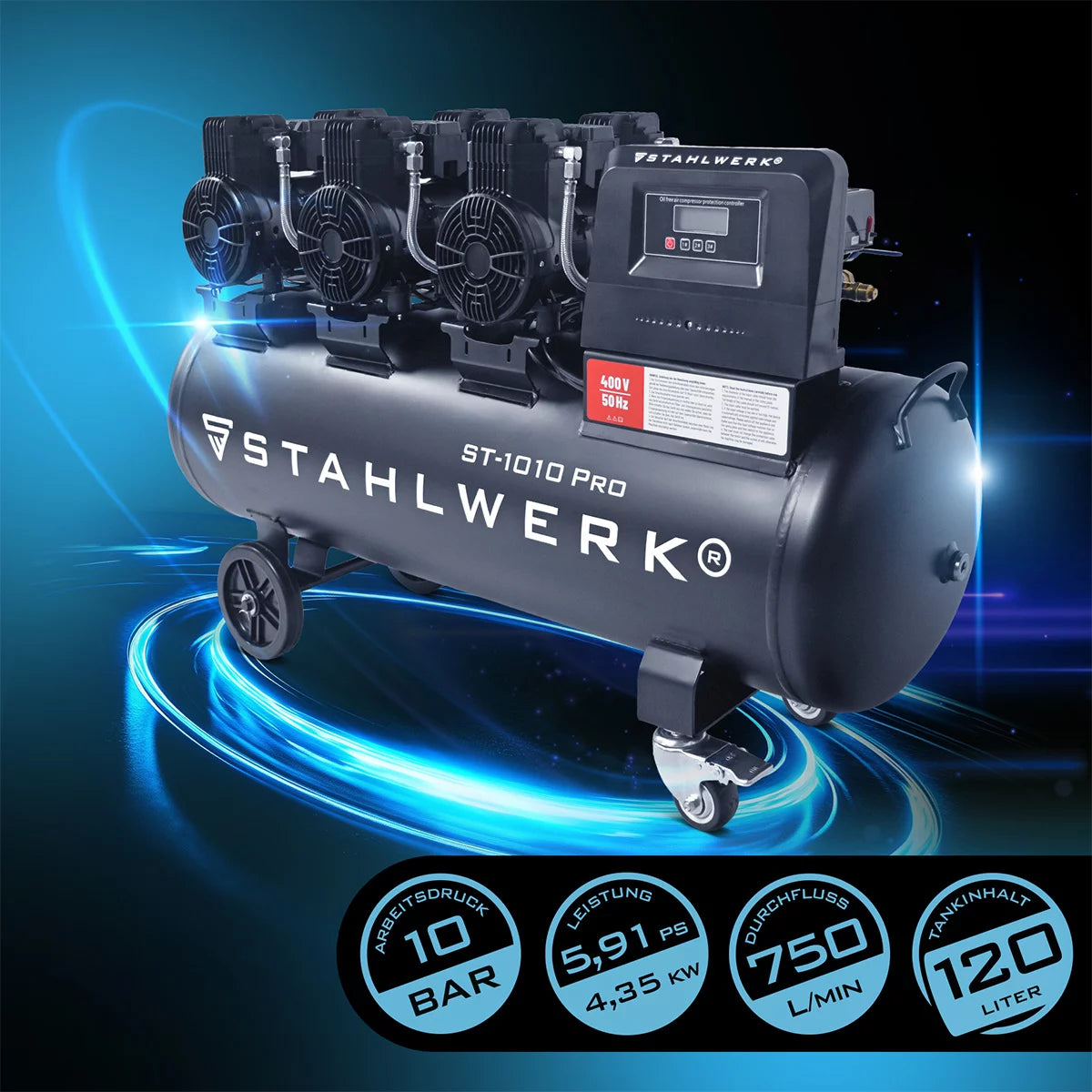 STAHLWERK Kompressor ST-1010 Pro mit 10 bar | 5,91 PS | 4,35 kW | 750 l/min | 120 L Tank ölfreier Druckluft-Kompressor | Kolben-Kompressor | Silent-Kompressor | Flüster-Kompressor mit Brushless-Motoren