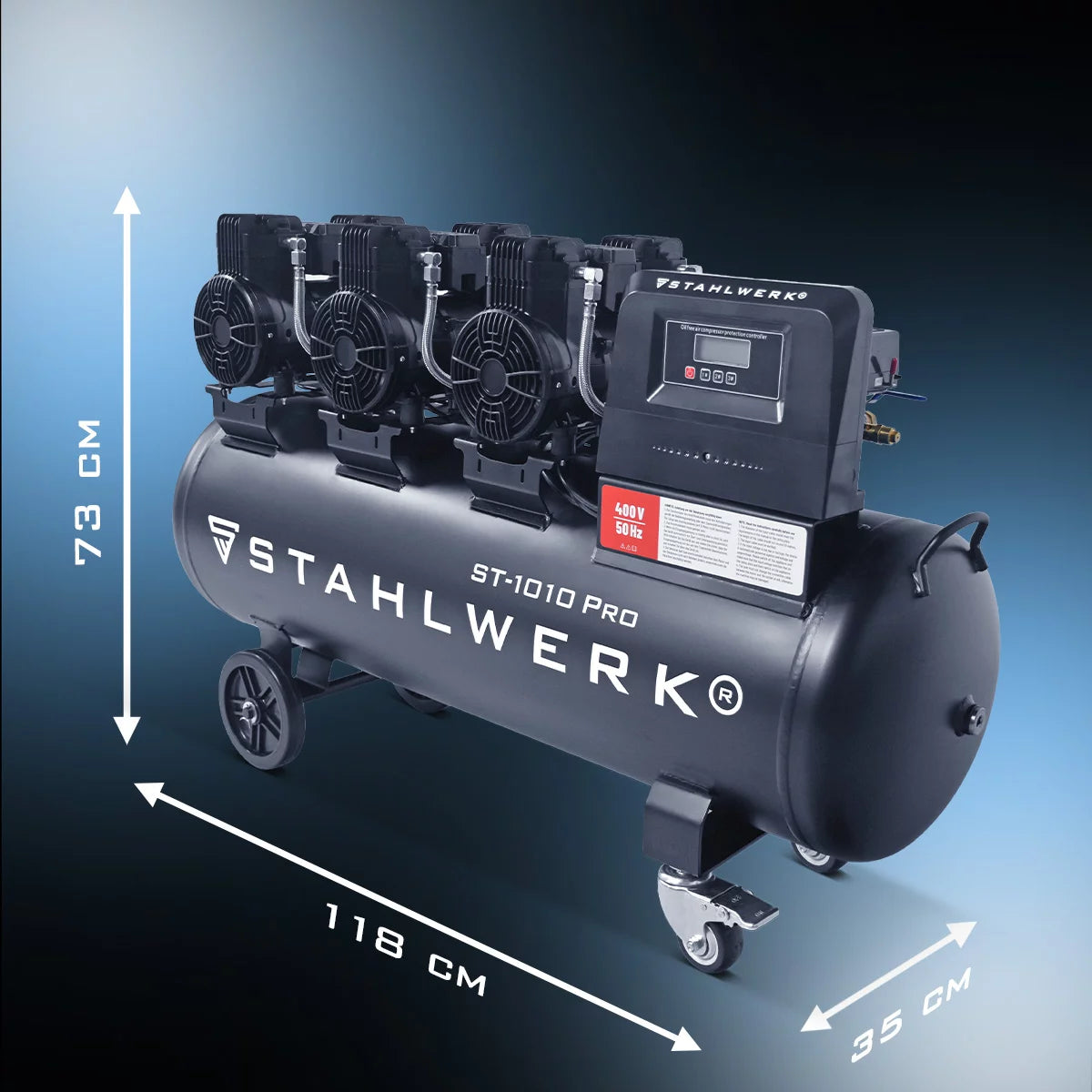 STAHLWERK Kompressor ST-1010 Pro mit 10 bar | 5,91 PS | 4,35 kW | 750 l/min | 120 L Tank ölfreier Druckluft-Kompressor | Kolben-Kompressor | Silent-Kompressor | Flüster-Kompressor mit Brushless-Motoren