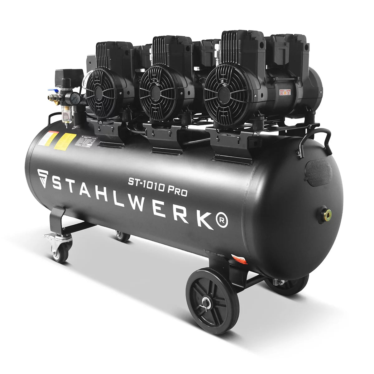 STAHLWERK Kompressor ST-1010 Pro mit 10 bar | 5,91 PS | 4,35 kW | 750 l/min | 120 L Tank ölfreier Druckluft-Kompressor | Kolben-Kompressor | Silent-Kompressor | Flüster-Kompressor mit Brushless-Motoren