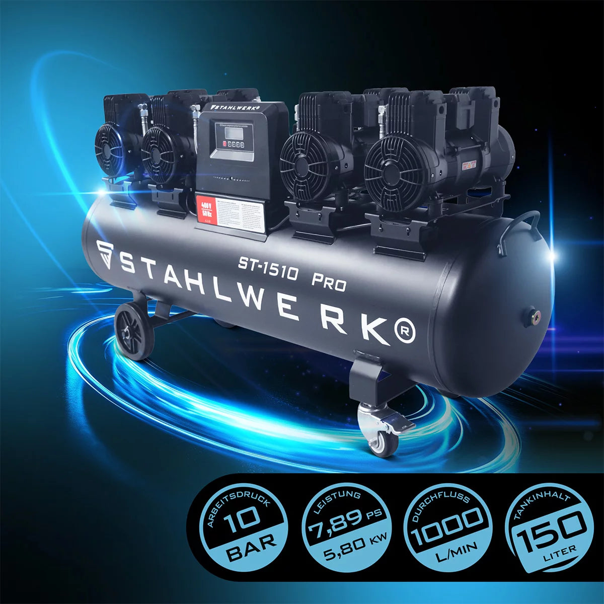 STAHLWERK Kompressor ST-1510 Pro mit 10 bar | 7,89 PS | 5,80 kW | 1000 l/min | 150 L Tank ölfreier Druckluft-Kompressor | Kolben-Kompressor | Silent-Kompressor | Flüster-Kompressor mit Brushless-Motoren