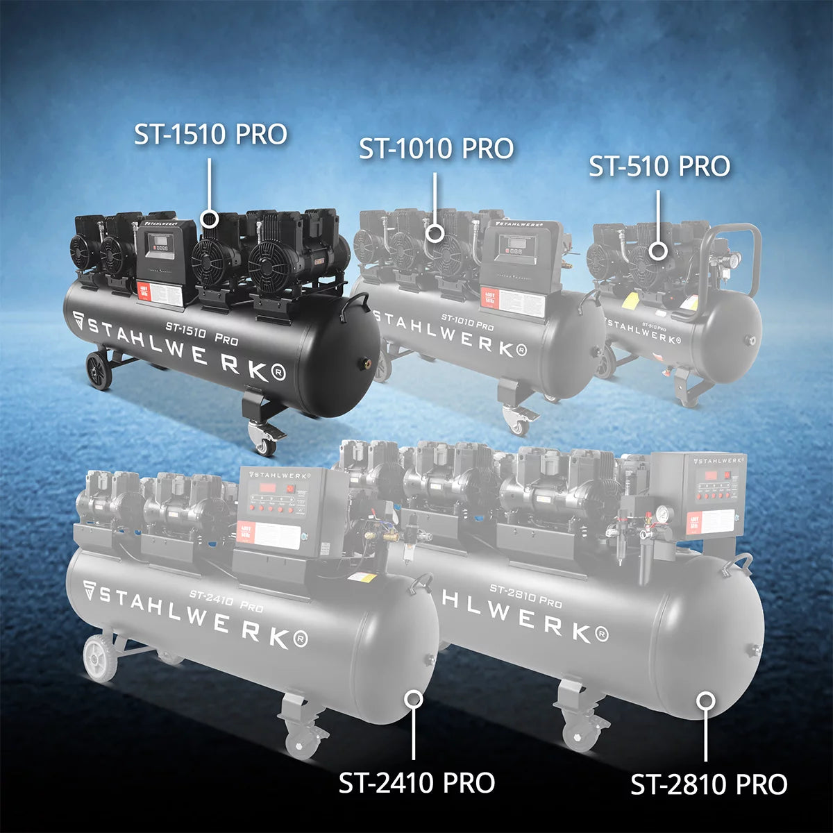 Compressore STAHLWERK ST-1510 Pro con 10 bar | 7,89 cv | 5,80kW| 1000 l/min | Compressore d'aria compressa oil-free con serbatoio da 150 L | Compressore a pistone | Compressore silenzioso | Compressore Whisper con motori brushless