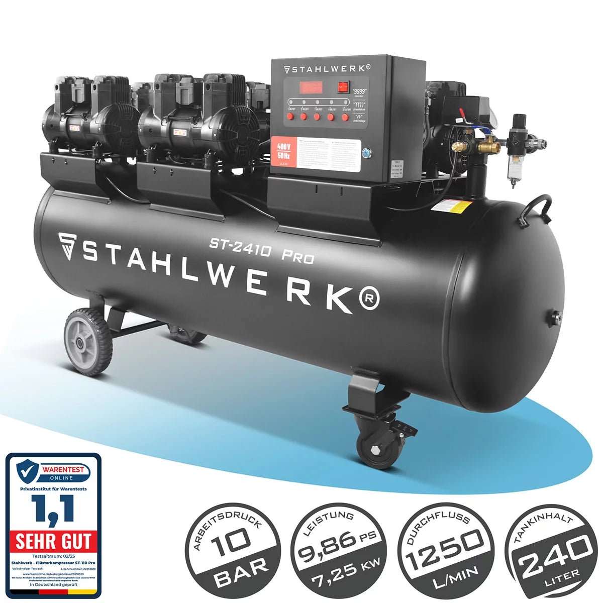 Compresor STAHLWERK ST-2410 Pro con 10 bar | 9,86 CV | 7,25 kW | 1250 l/min | Compresor de aire comprimido sin aceite con depósito de 240 L | Compresor de pistón | Compresor silencioso | Compresor Whisper con motores sin escobillas.