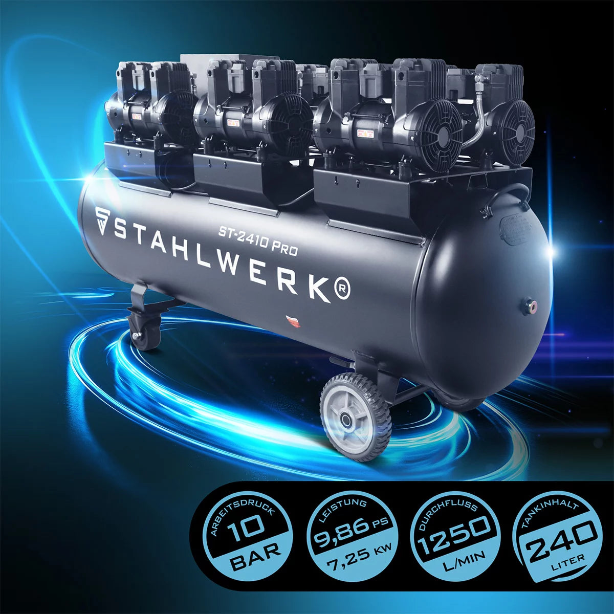 Compresor STAHLWERK ST-2410 Pro con 10 bar | 9,86 CV | 7,25 kW | 1250 l/min | Compresor de aire comprimido sin aceite con depósito de 240 L | Compresor de pistón | Compresor silencioso | Compresor Whisper con motores sin escobillas.