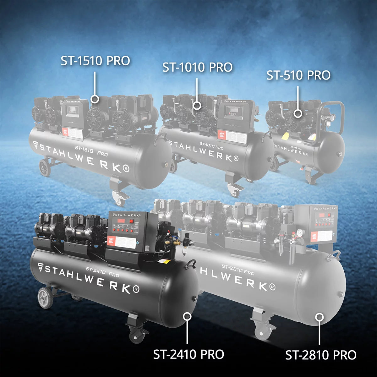 STAHLWERK compressor ST-2410 Pro with 10 bar | 9.86 hp | 7.25kW | 1250 l/min | 240 L tank oil-free compressed air compressor | Piston compressor | Silent compressor | Whisper compressor with brushless motors