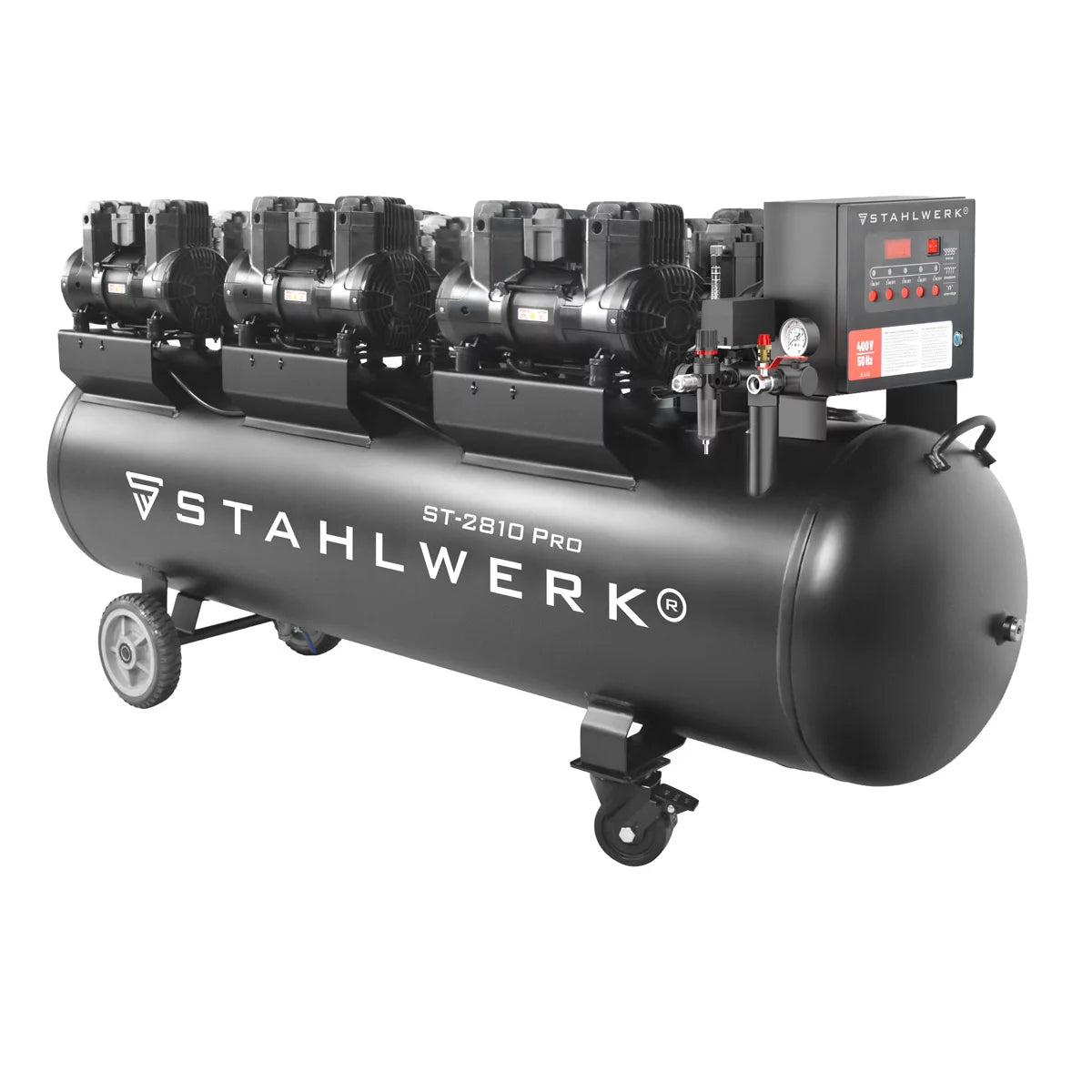 Compresor STAHLWERK ST-2810 Pro con 10 bar | 11,83 CV | 8,70 kilovatios | 1500 l/min | Compresor de aire comprimido sin aceite con depósito de 280 L | Compresor de pistón | Compresor silencioso | Compresor Whisper con motores sin escobillas.