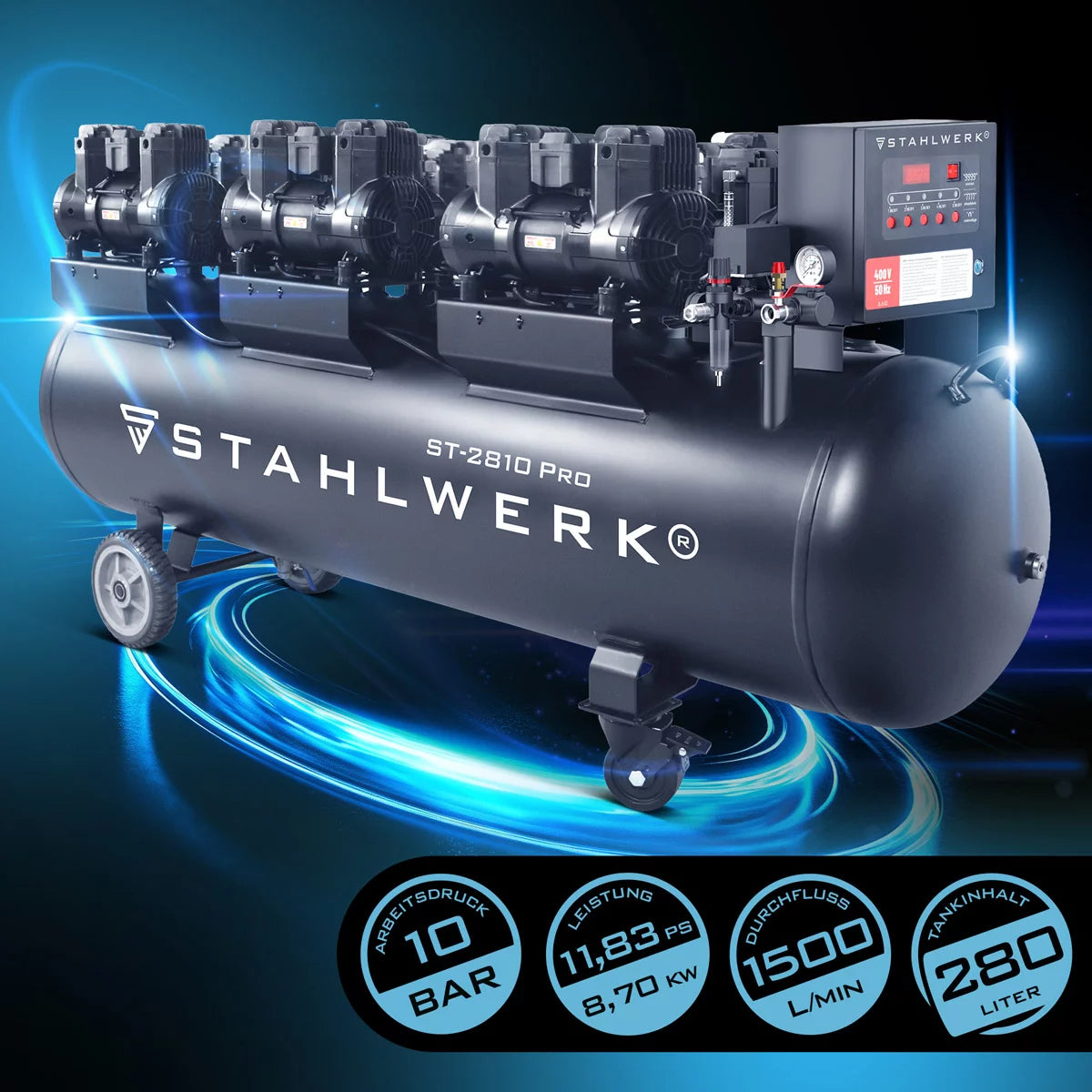 Compresor STAHLWERK ST-2810 Pro con 10 bar | 11,83 CV | 8,70 kilovatios | 1500 l/min | Compresor de aire comprimido sin aceite con depósito de 280 L | Compresor de pistón | Compresor silencioso | Compresor Whisper con motores sin escobillas.